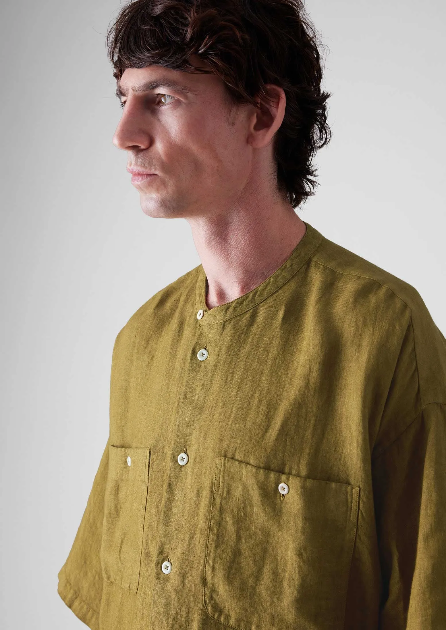 Garment Dyed Linen Grandad Collar Shirt | Durian Green sold by TOAST product image thumbnail 3