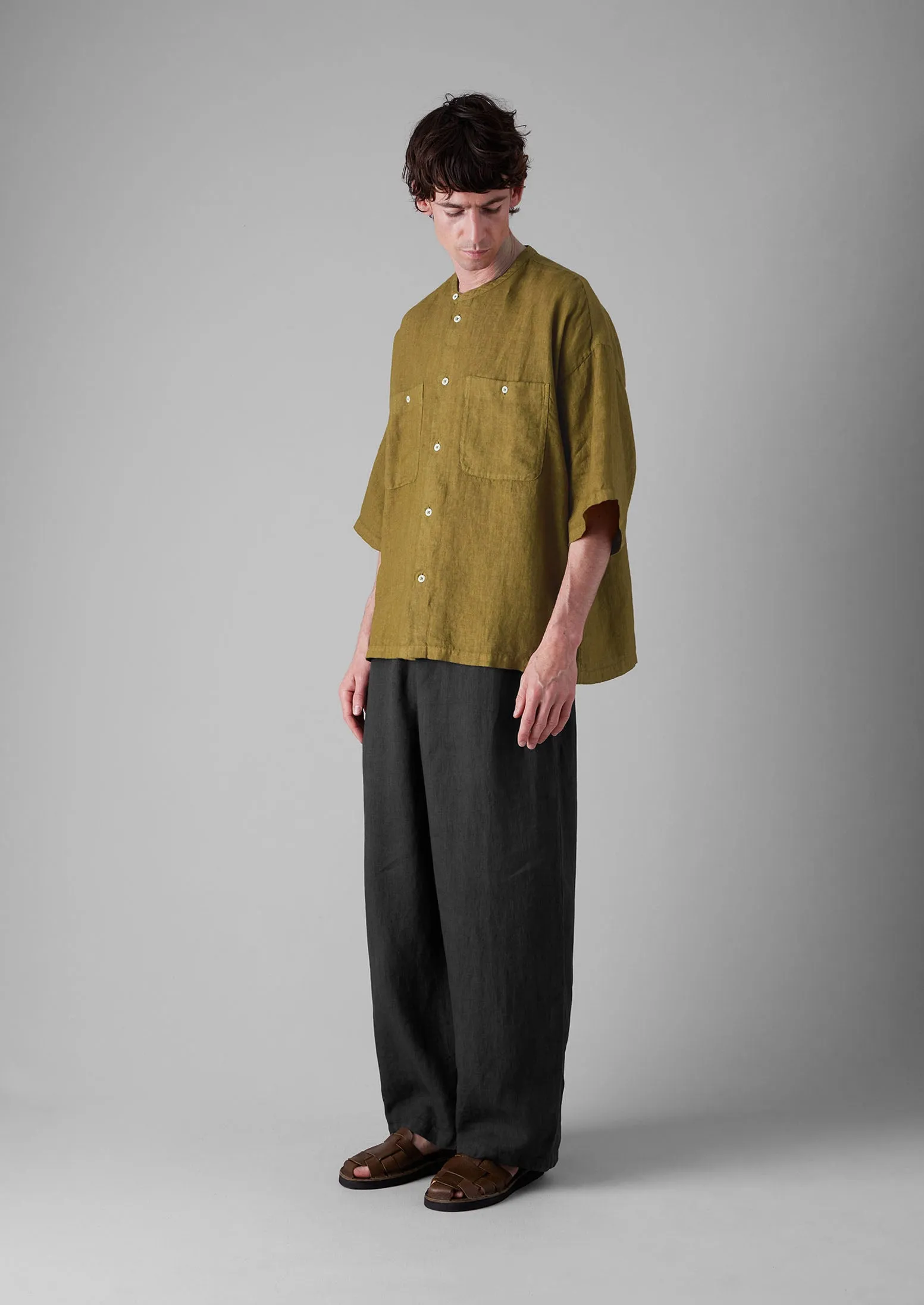Garment Dyed Linen Grandad Collar Shirt | Durian Green sold by TOAST product image thumbnail 2