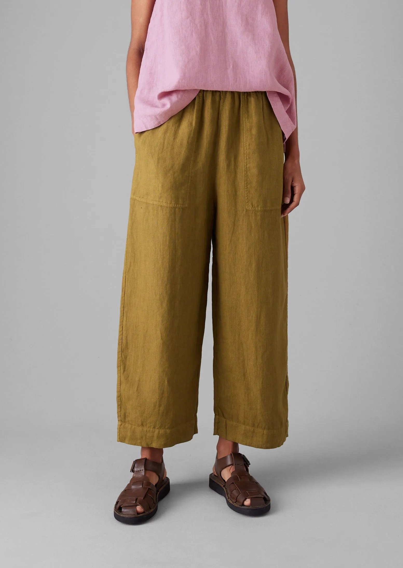 Garment Dyed Lightweight Linen Barrel Leg Trousers | Durian Green sold by TOAST product image thumbnail 2
