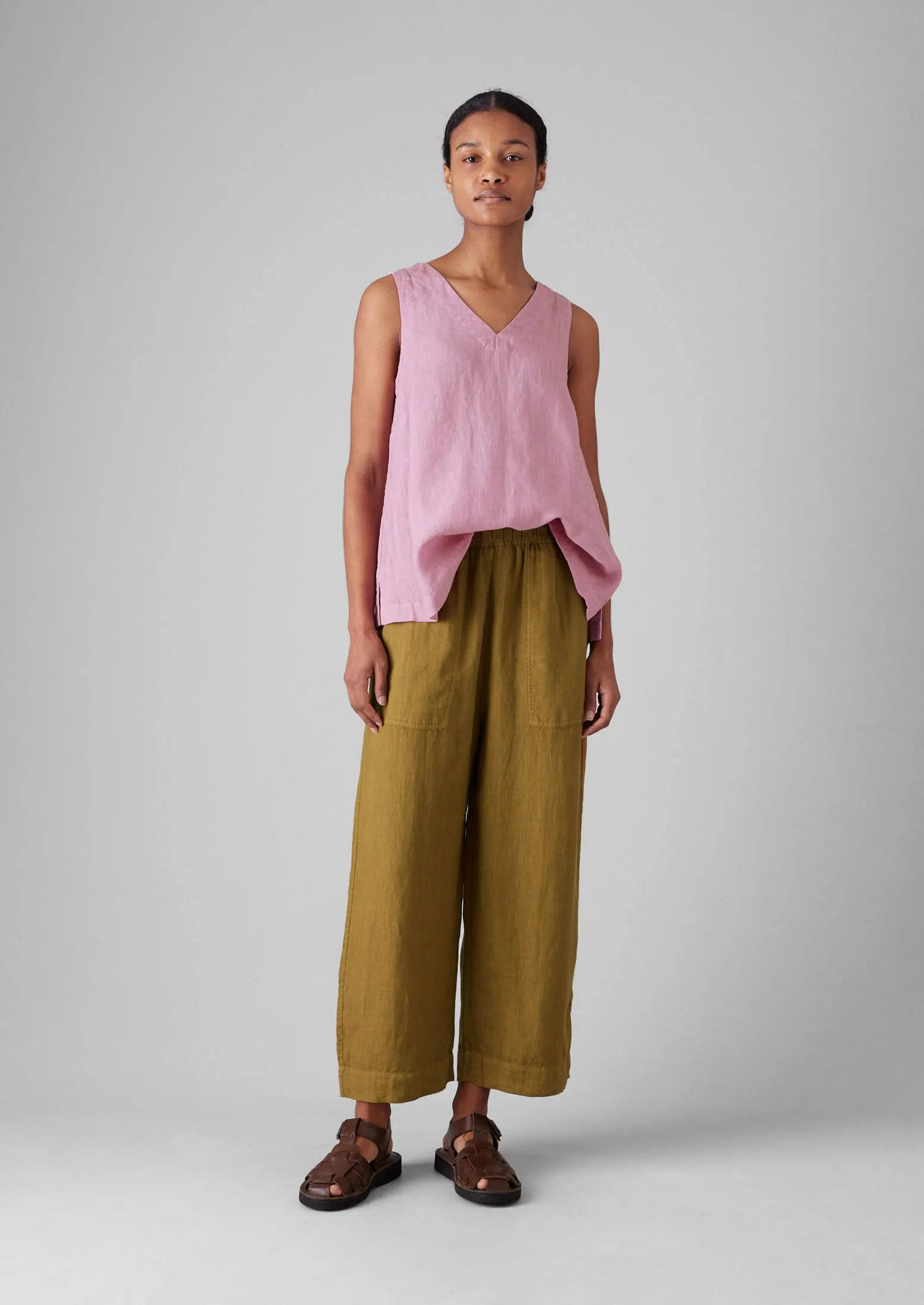 Garment Dyed Lightweight Linen Barrel Leg Trousers | Durian Green sold by TOAST product image thumbnail 3