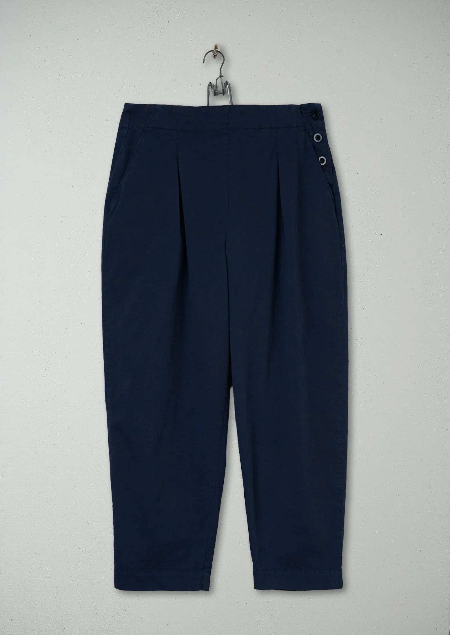 Reworn Cotton Twill Side Button Trousers Size 8 (598) | Navy sold by TOAST