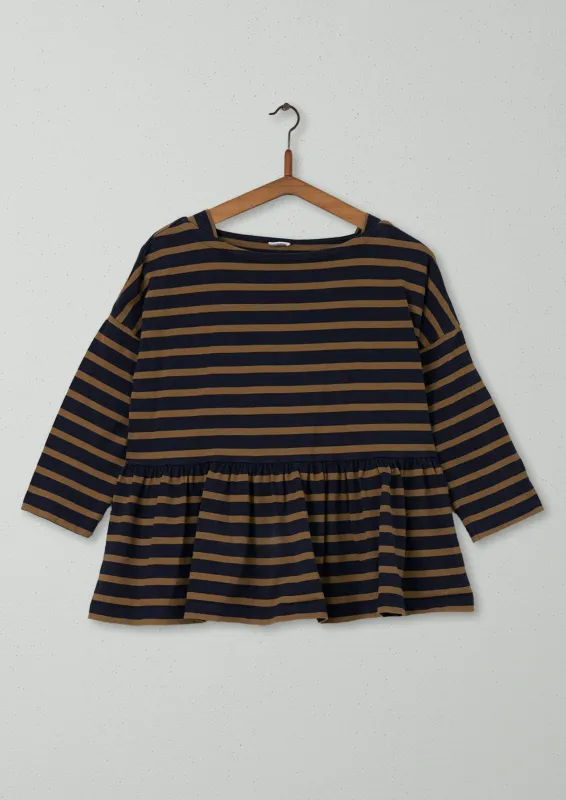 Reworn Stripe Cotton Gathered Top Size M (050) | Navy/Dull Gold sold by TOAST
