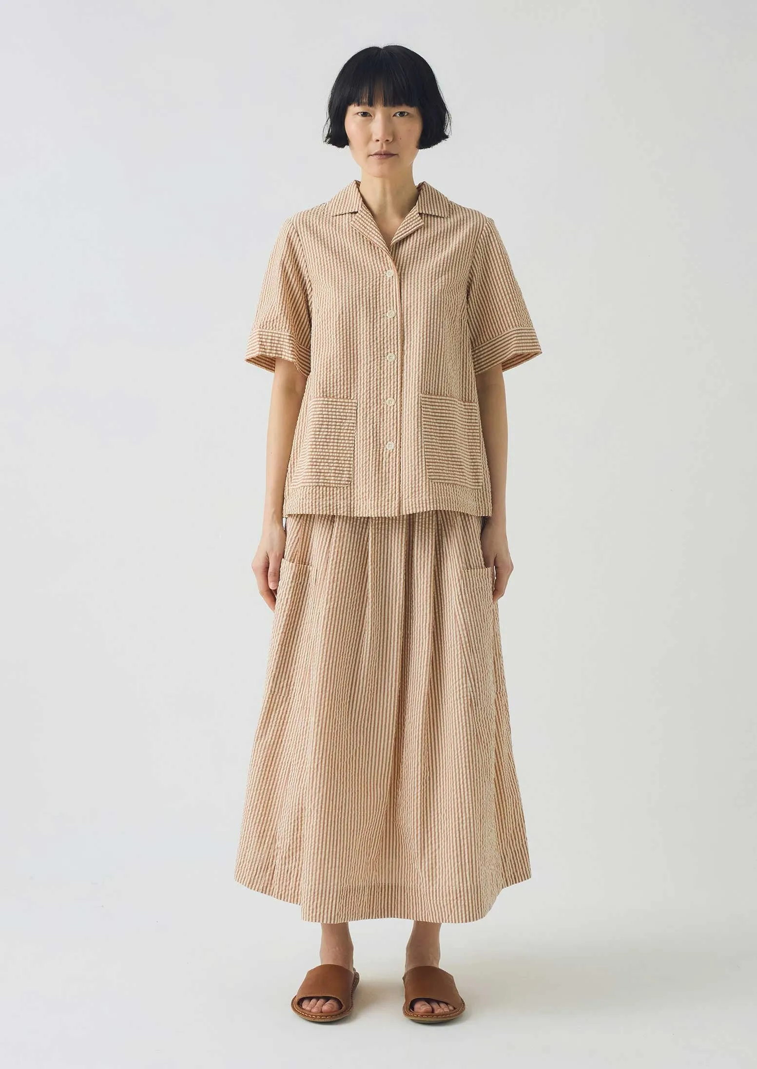 Stripe Cotton Seersucker Boxy Shirt | Terracotta/Ecru sold by TOAST product image thumbnail 4