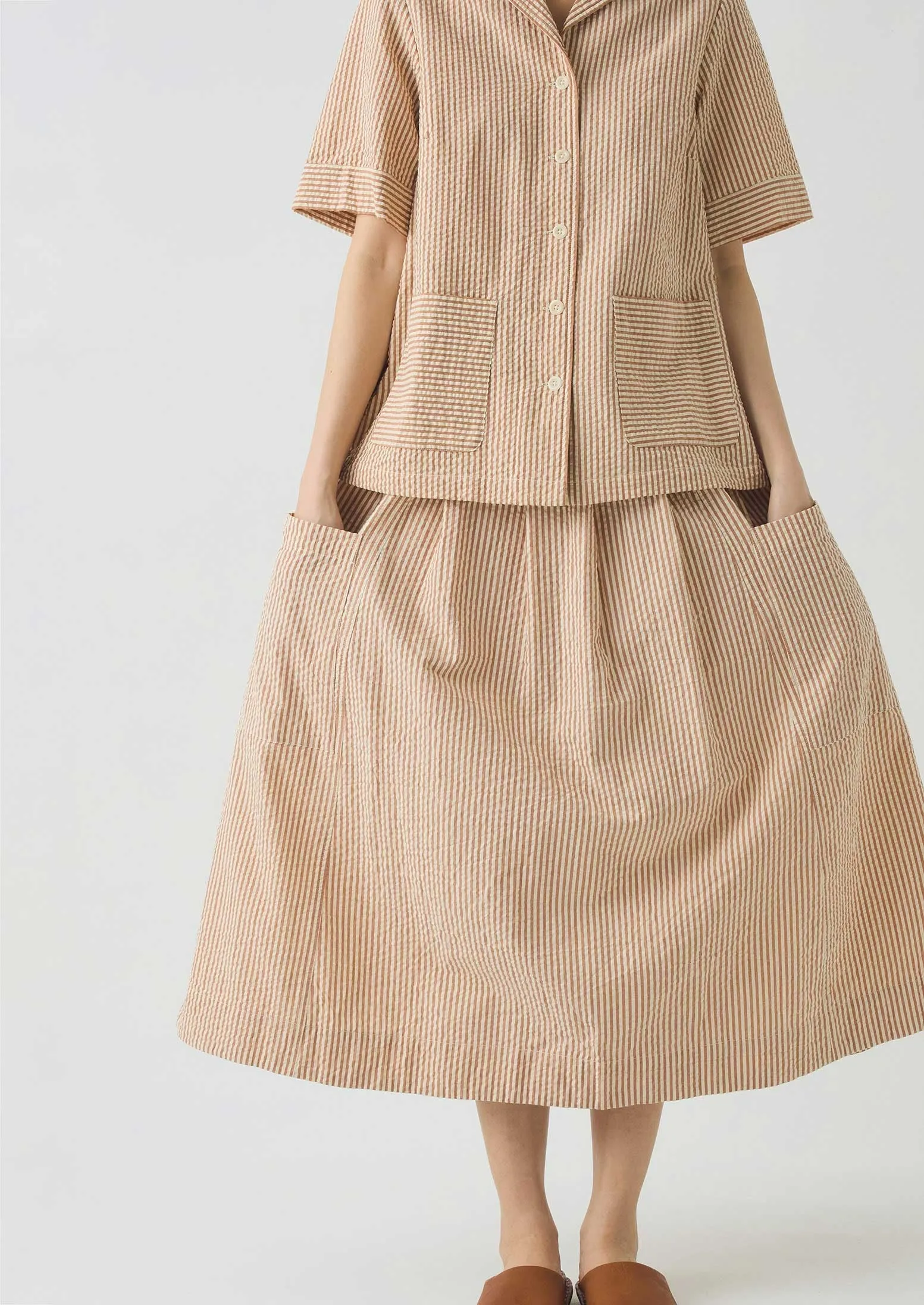 Stripe Cotton Seersucker Patch Pocket Skirt | Terracotta/Ecru sold by TOAST product image thumbnail 4
