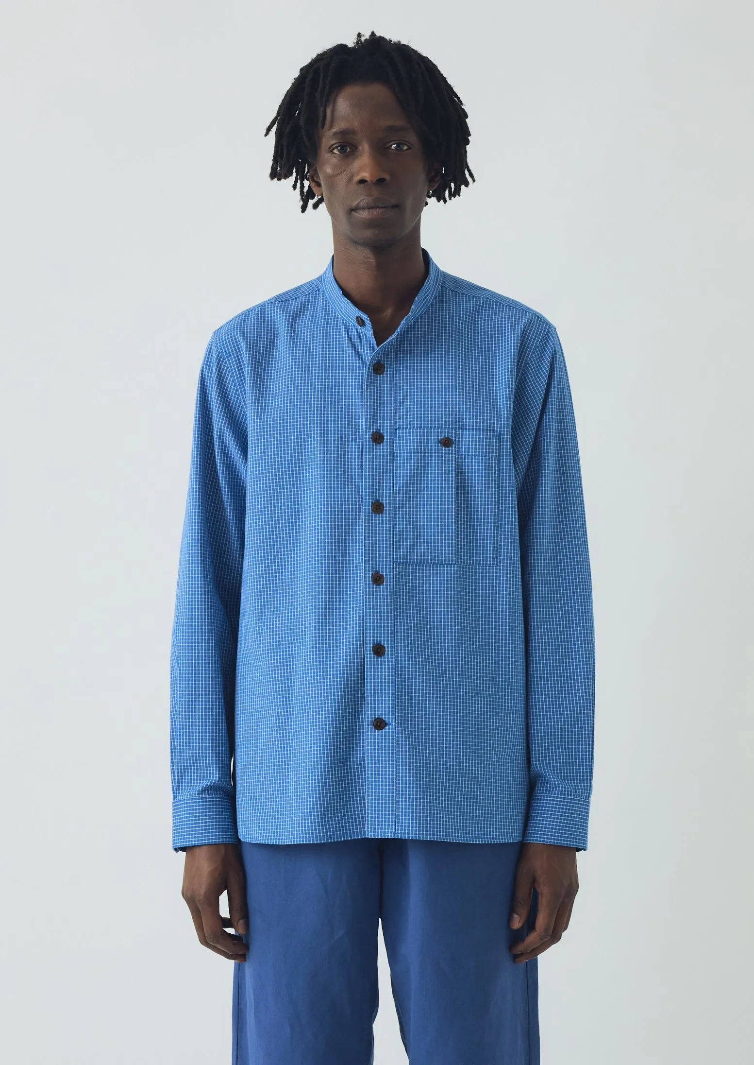 Check Cotton Grandad Collar Shirt | Mid Blue sold by TOAST product image thumbnail 3