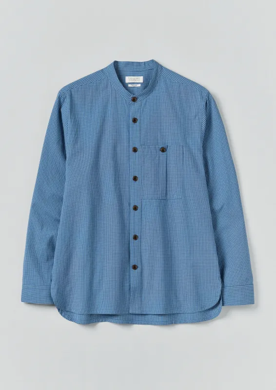 Check Cotton Grandad Collar Shirt | Mid Blue sold by TOAST