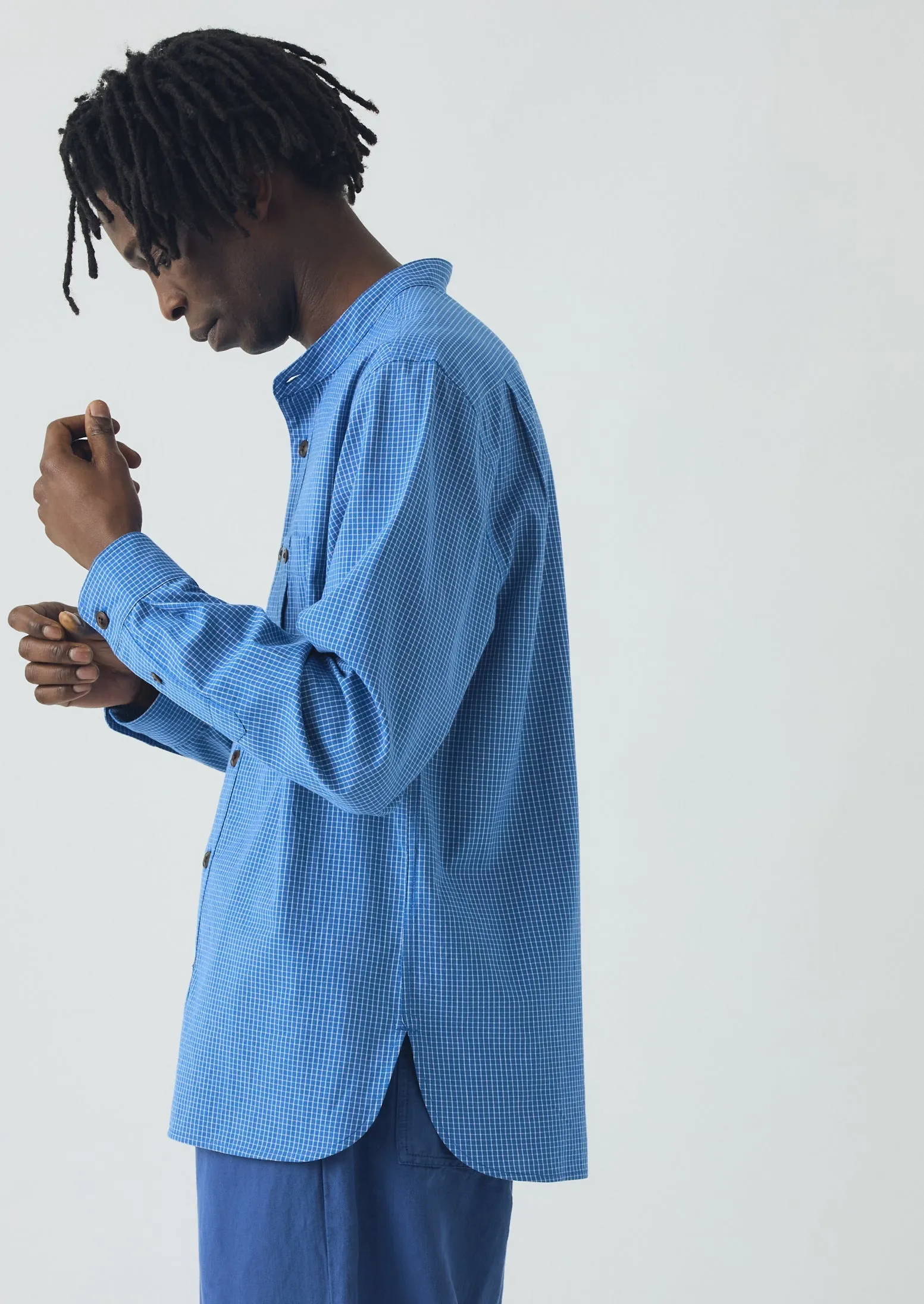Check Cotton Grandad Collar Shirt | Mid Blue sold by TOAST product image thumbnail 2