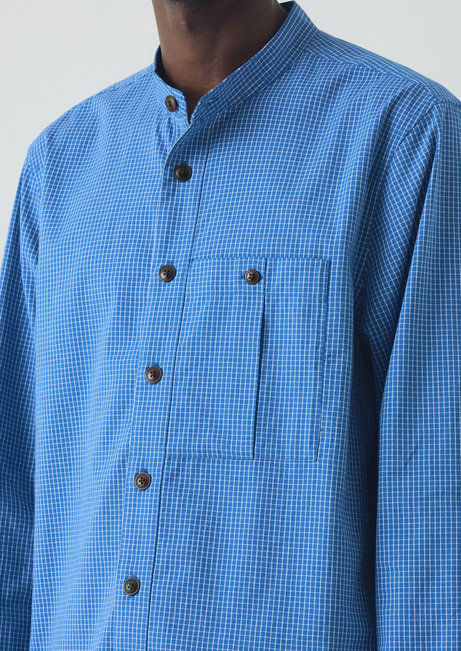 Check Cotton Grandad Collar Shirt | Mid Blue sold by TOAST product image thumbnail 4