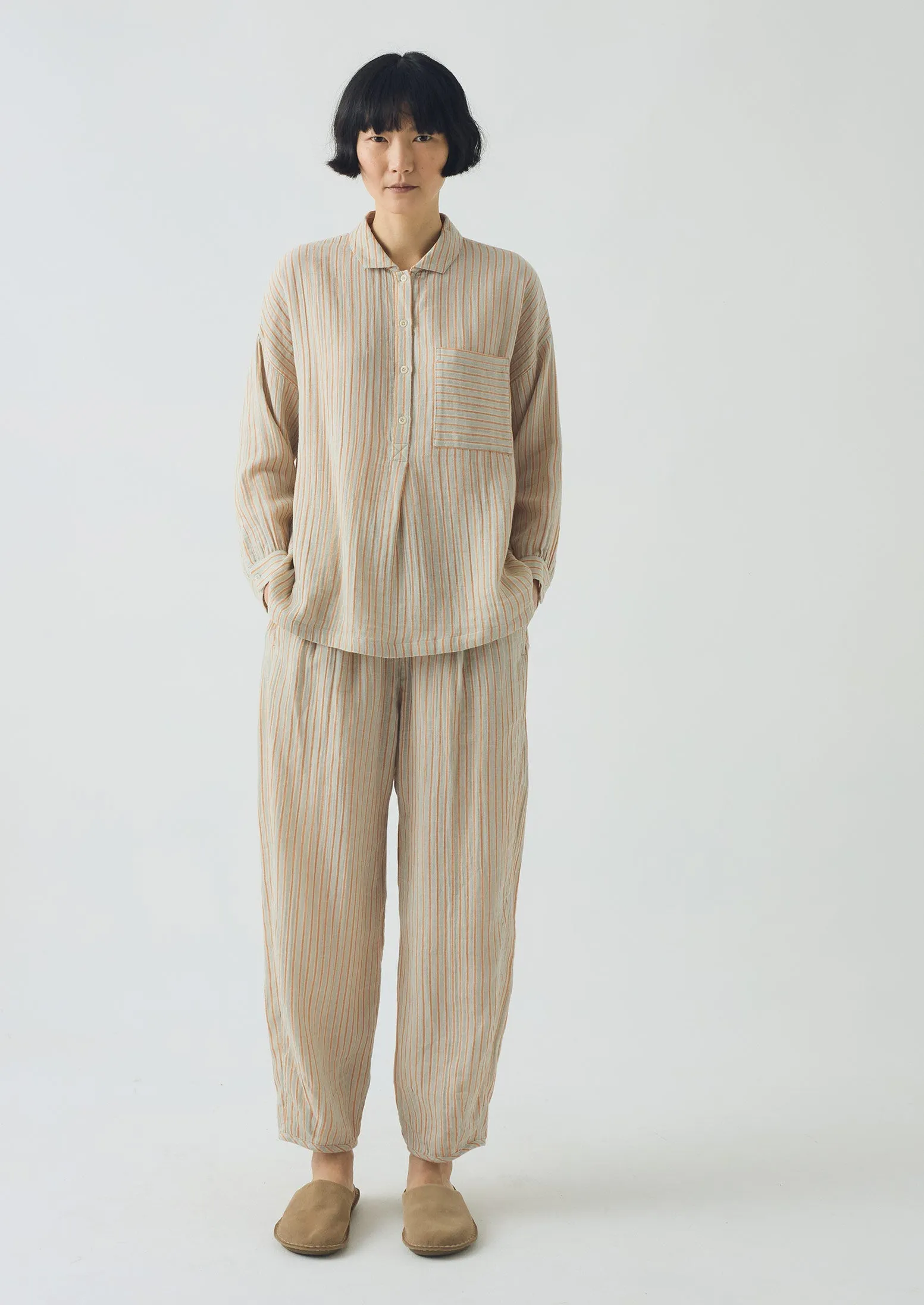 Stripe Crinkle Cotton Pyjama Set | Sage/Apricot sold by TOAST product image thumbnail 3