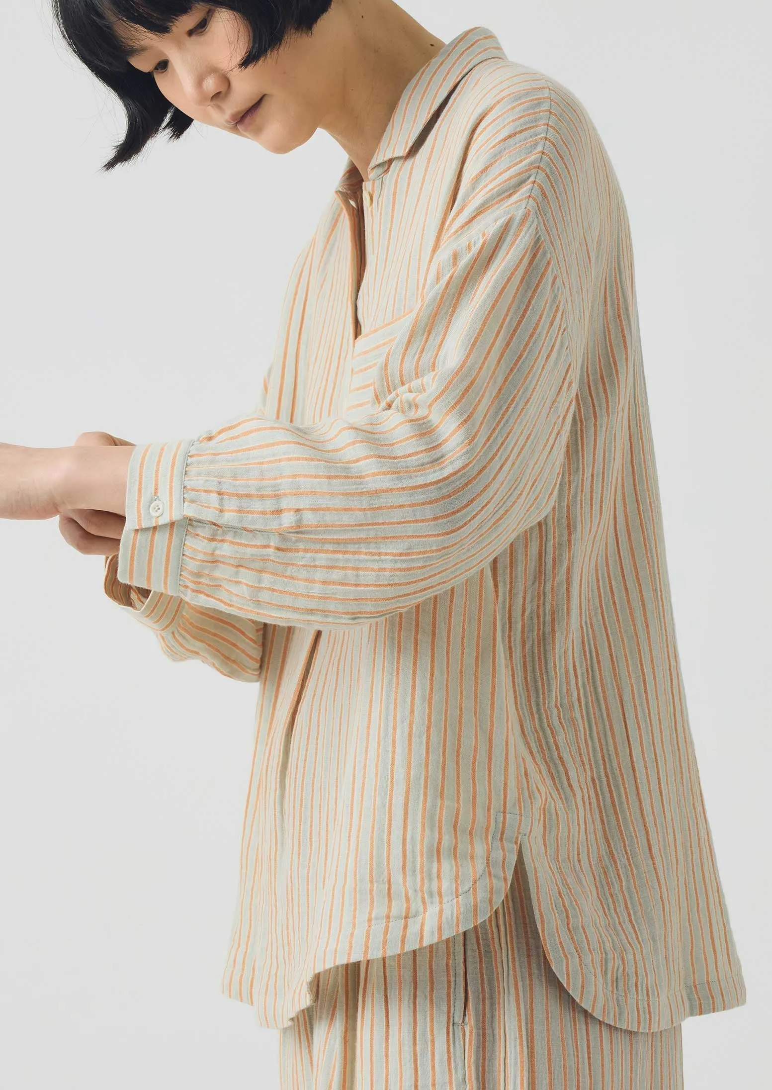 Stripe Crinkle Cotton Pyjama Set | Sage/Apricot sold by TOAST product image thumbnail 2