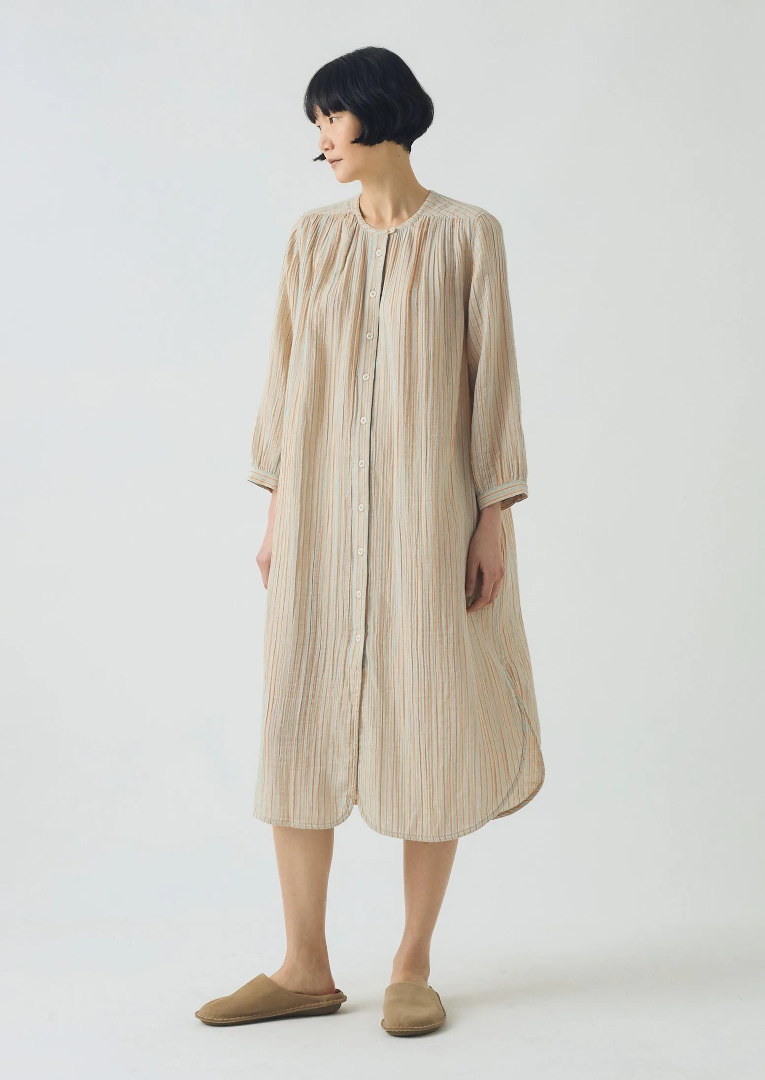 Stripe Crinkle Cotton Nightdress | Sage/Apricot sold by TOAST product image thumbnail 4