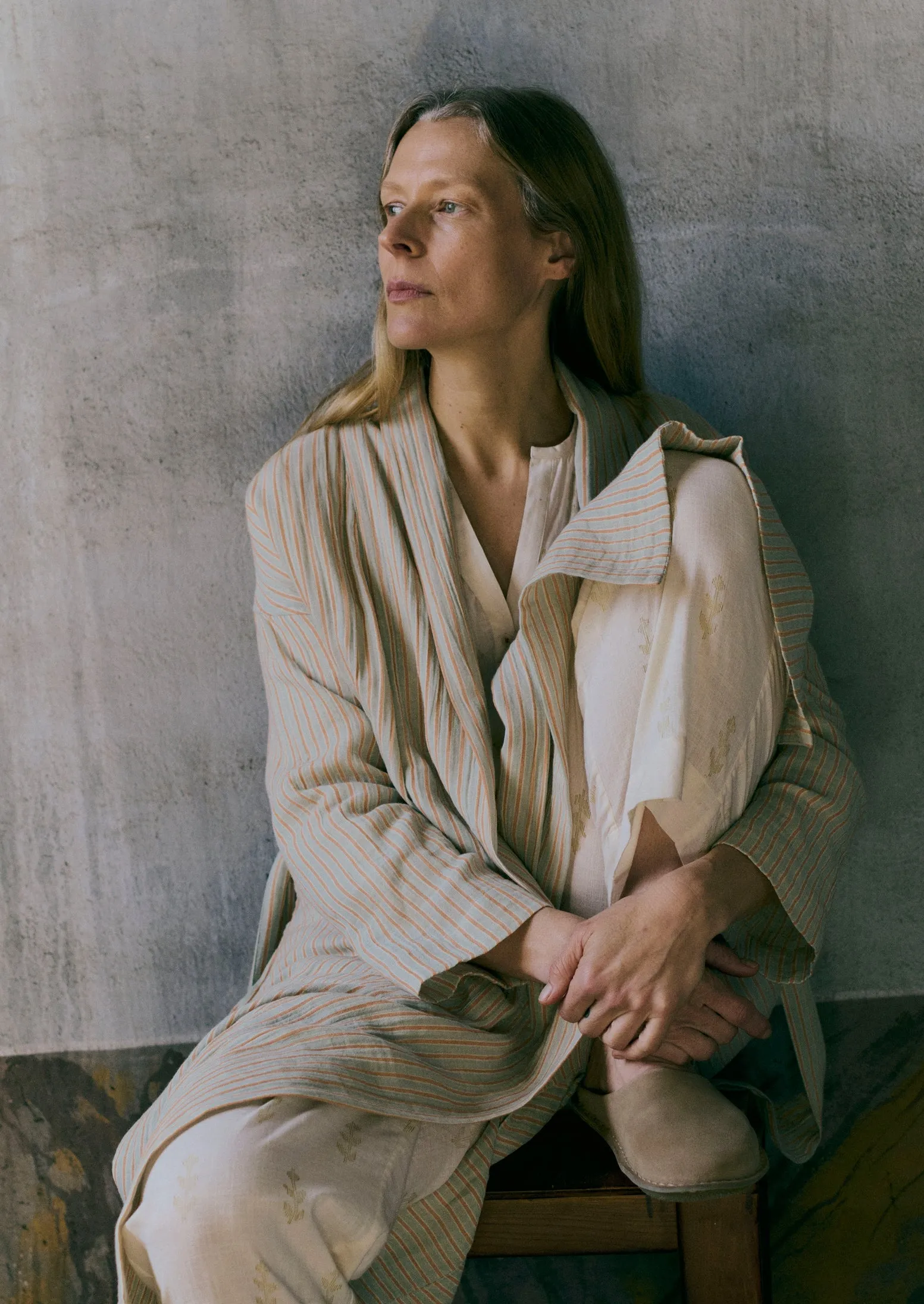 Stripe Crinkle Cotton Gown | Sage/Apricot sold by TOAST product image thumbnail 2