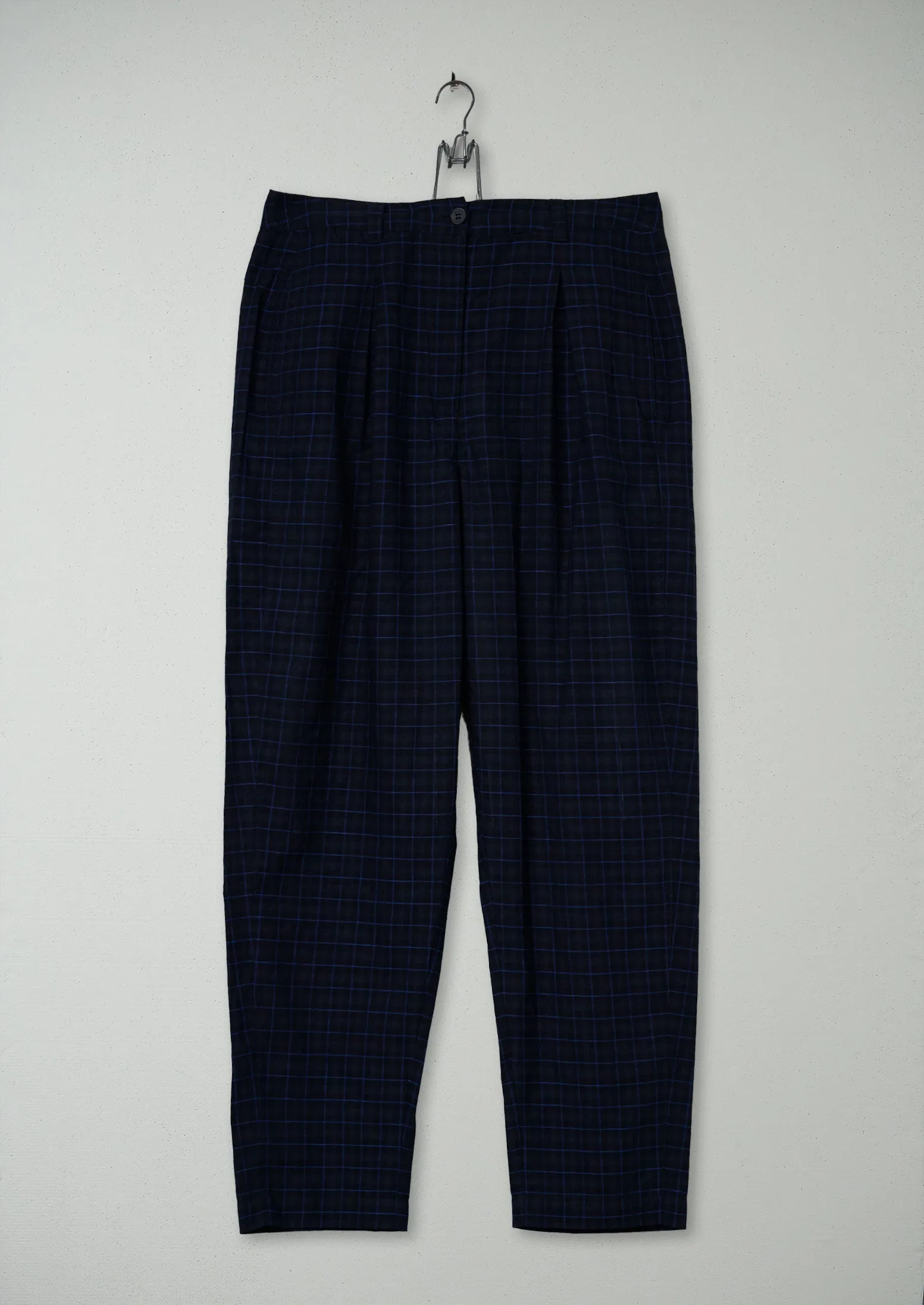 Reworn Check Cotton Linen Trousers Size 12 (648) | Navy sold by TOAST