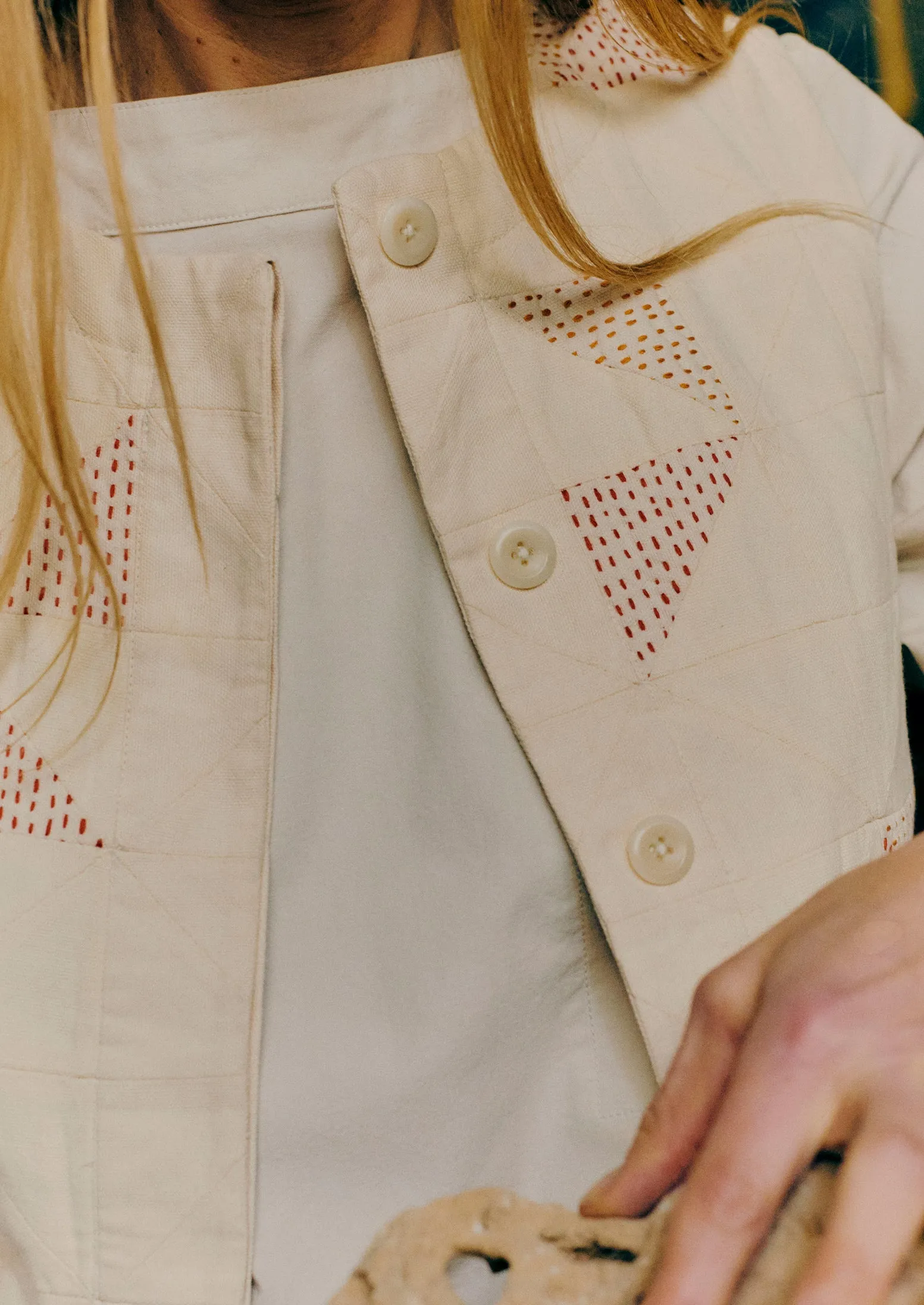 Patchwork Kantha Stitch Cotton Waistcoat | Ecru sold by TOAST product image thumbnail 3