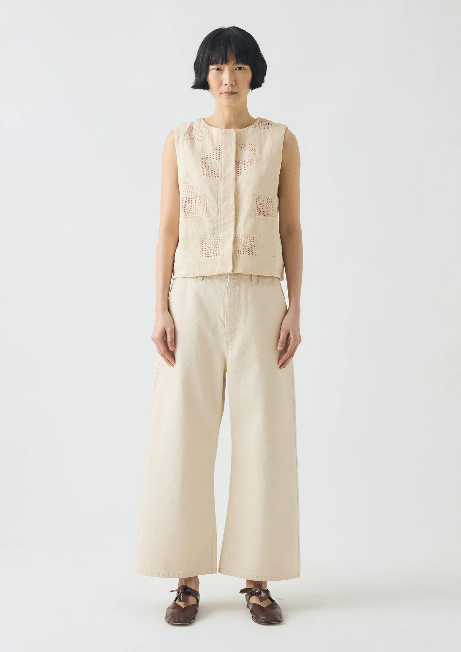 Patchwork Kantha Stitch Cotton Waistcoat | Ecru sold by TOAST product image thumbnail 4