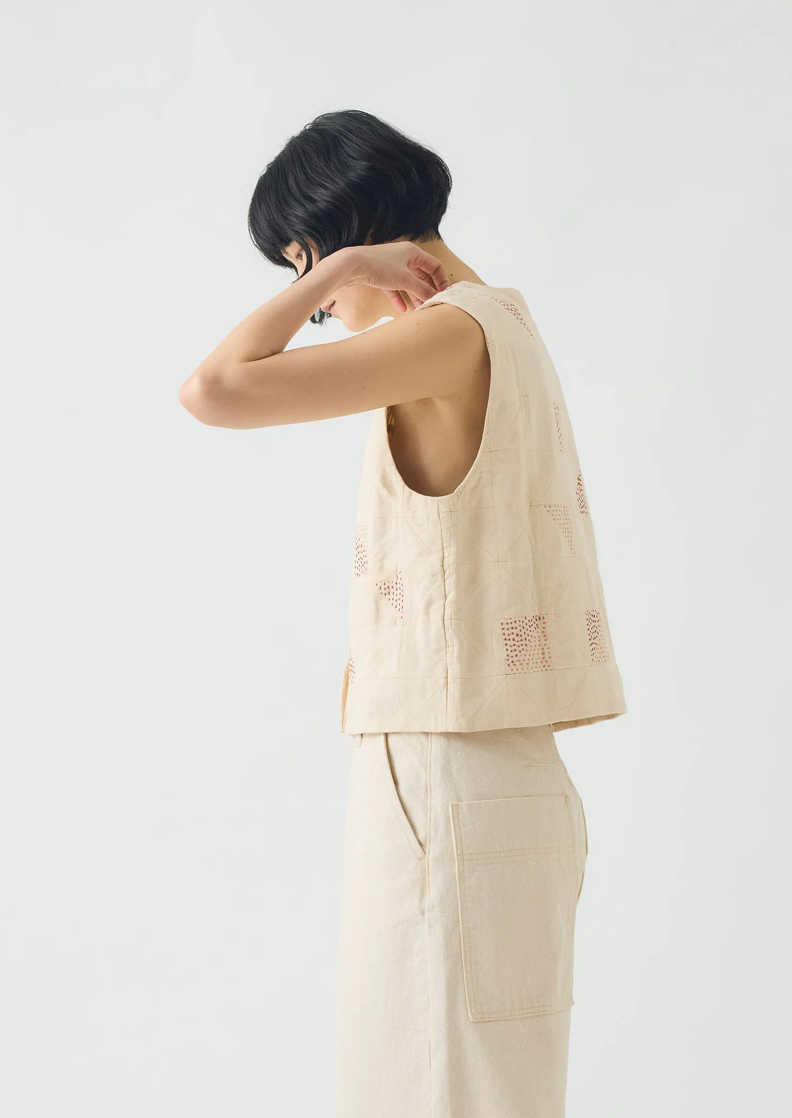 Patchwork Kantha Stitch Cotton Waistcoat | Ecru sold by TOAST product image thumbnail 5