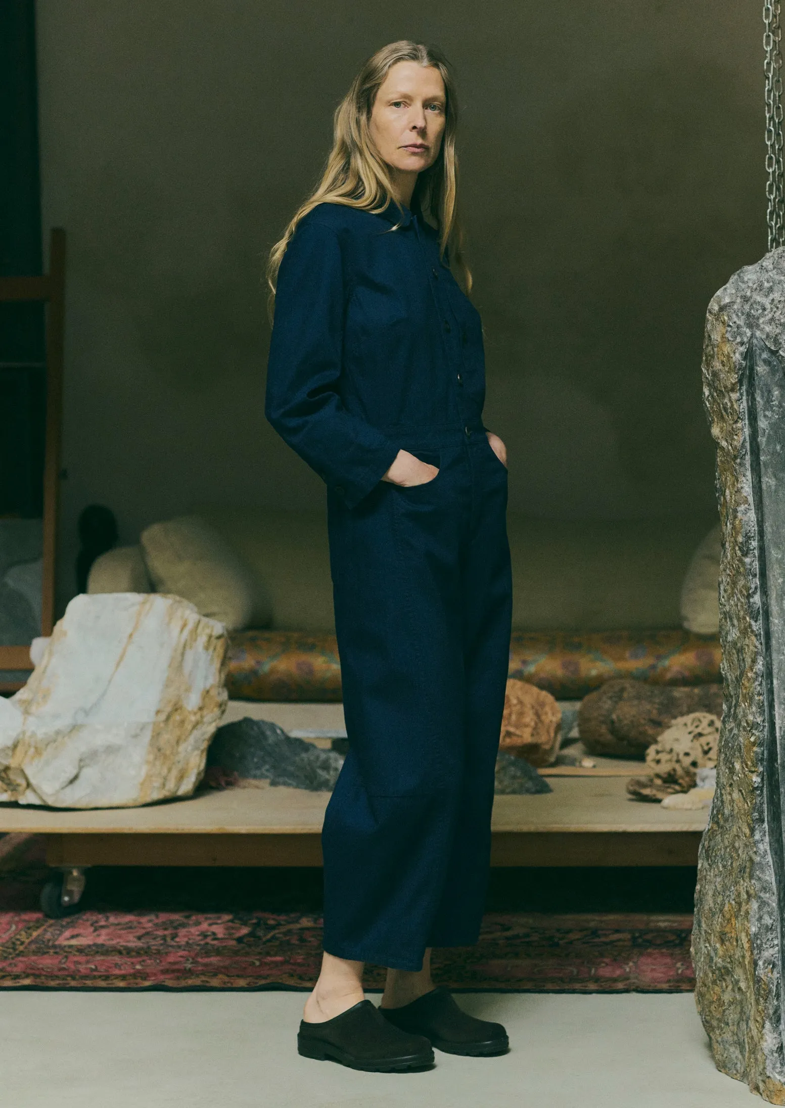 Half Placket Cotton Twill Jumpsuit | Indigo sold by TOAST product image thumbnail 2