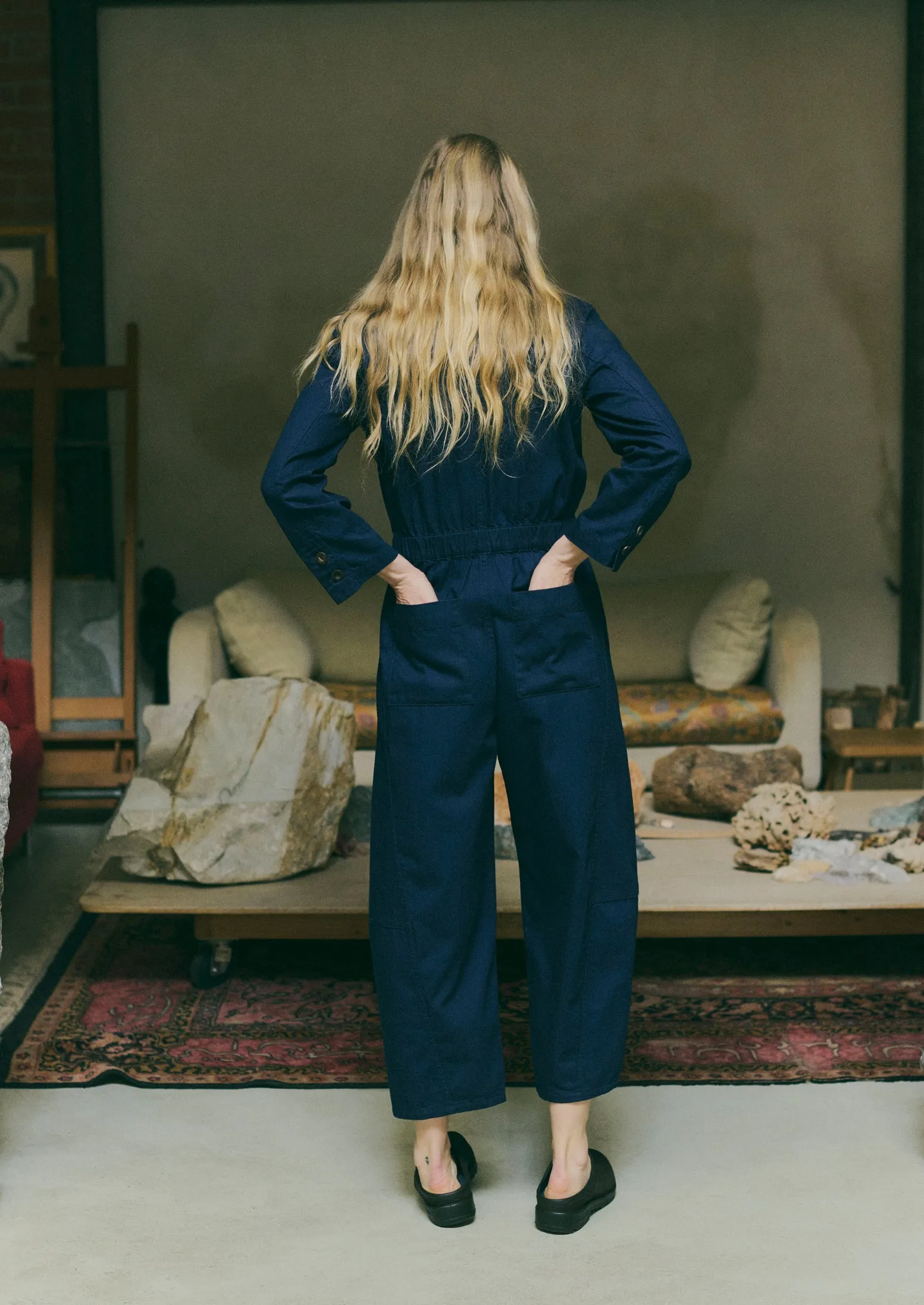 Half Placket Cotton Twill Jumpsuit | Indigo sold by TOAST product image thumbnail 3