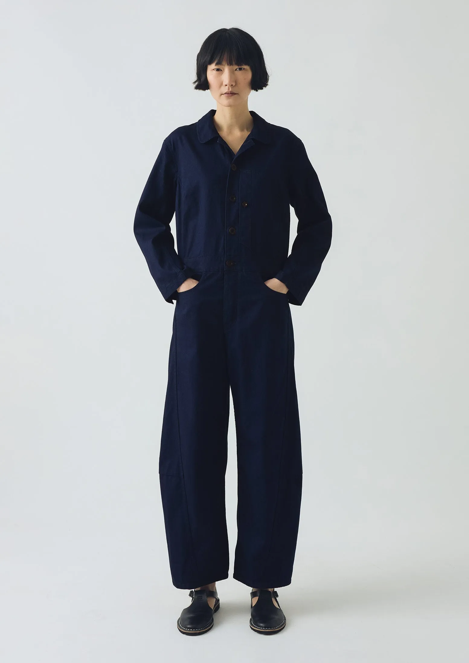 Half Placket Cotton Twill Jumpsuit | Indigo sold by TOAST product image thumbnail 4