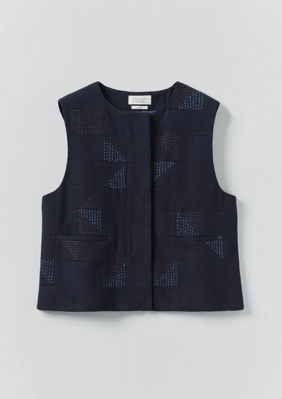 Patchwork Kantha Stitch Cotton Waistcoat | Navy sold by TOAST