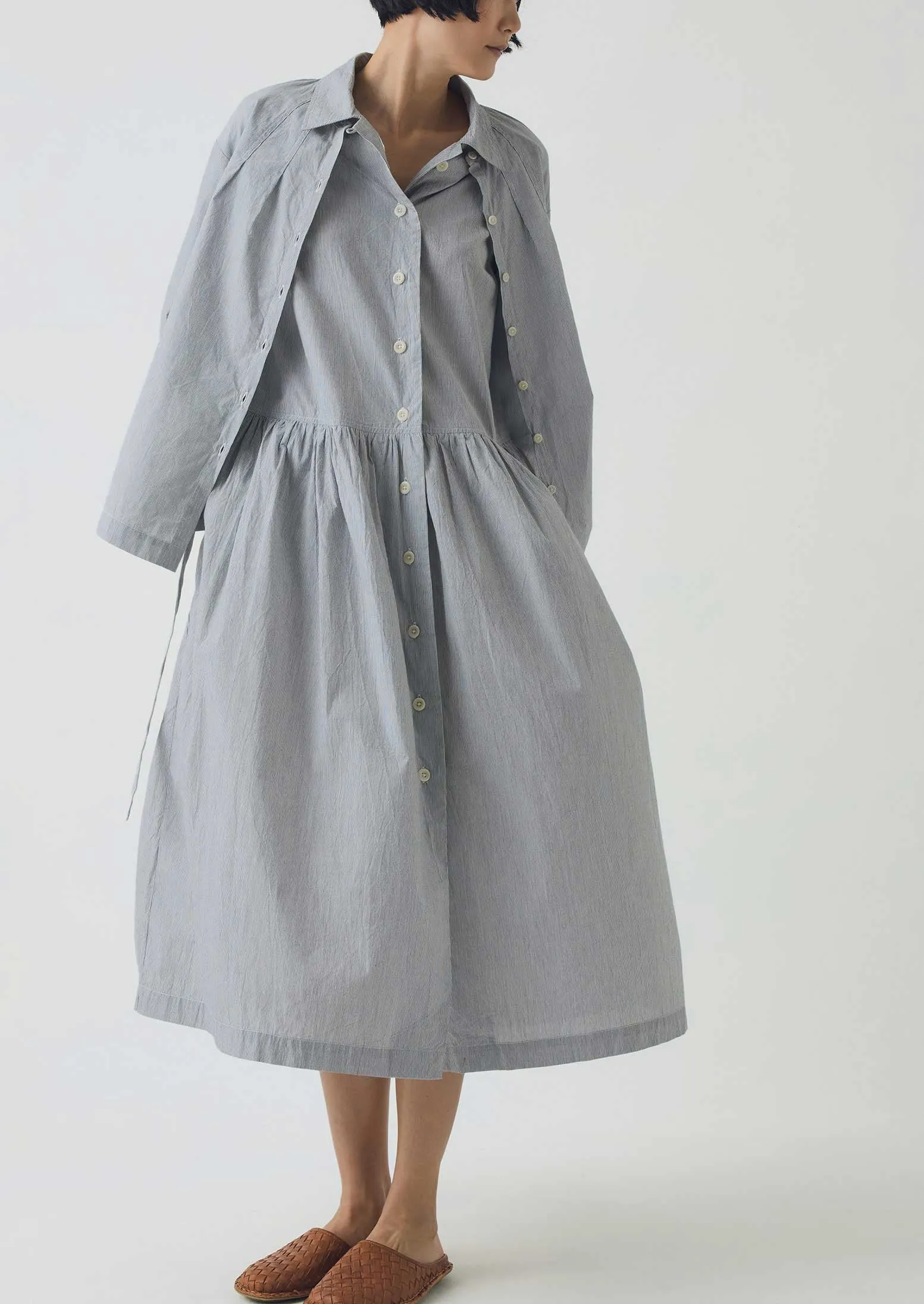 Fine Stripe Cotton Tie Shirt | Ecru/Slate sold by TOAST product image thumbnail 3