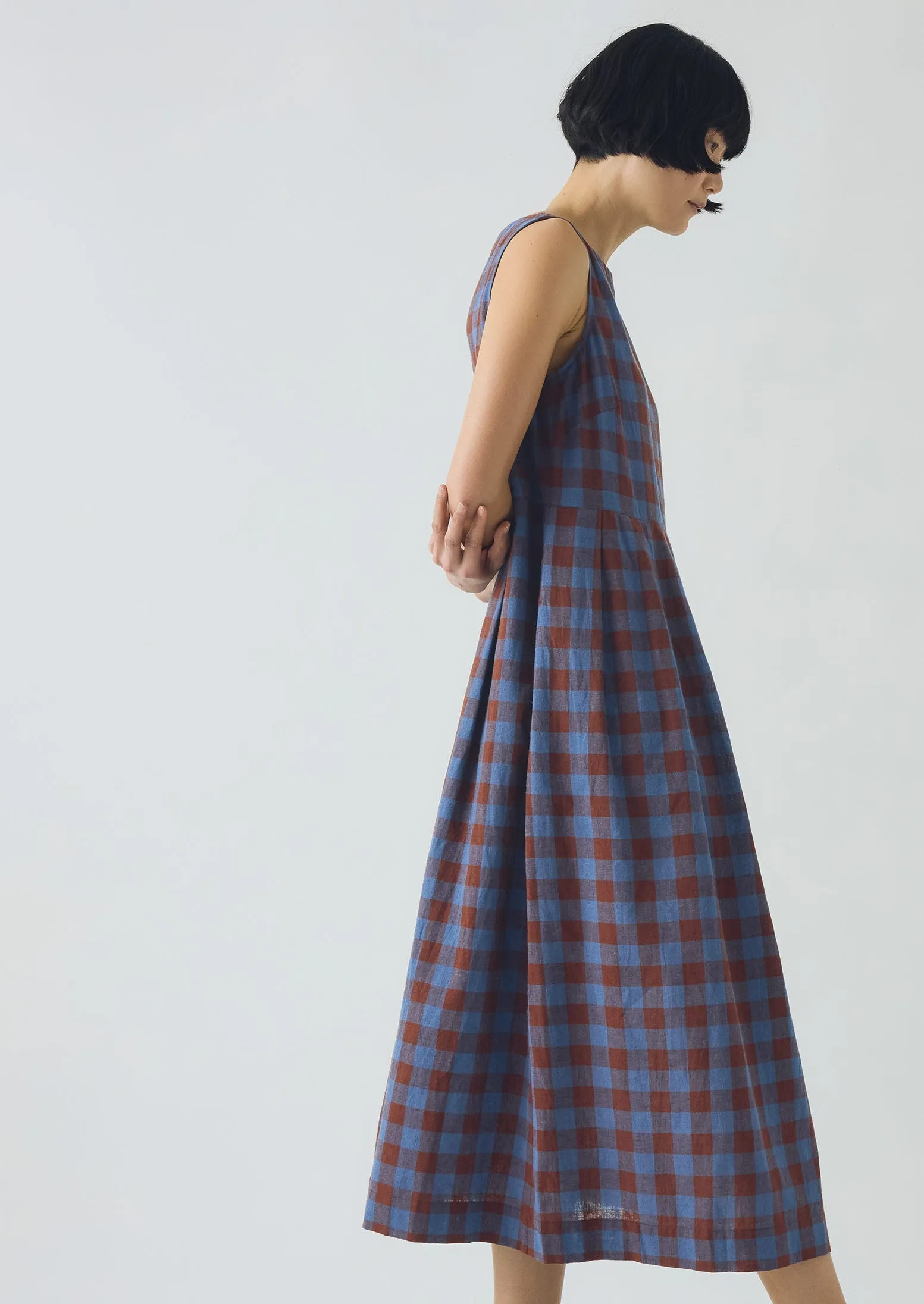Aila Mineral Check Linen Cotton Dress | Brown Ochre/Dark Cornflower sold by TOAST product image thumbnail 3