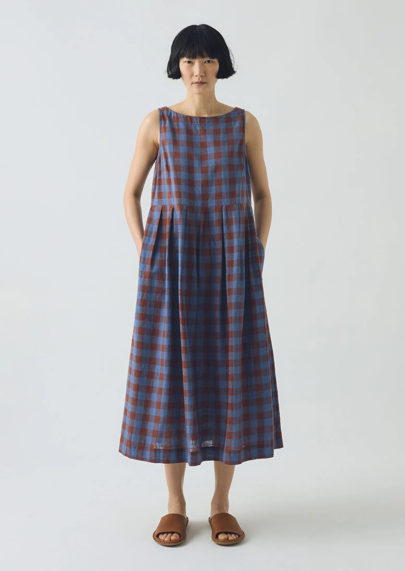 Aila Mineral Check Linen Cotton Dress | Brown Ochre/Dark Cornflower sold by TOAST product image thumbnail 2