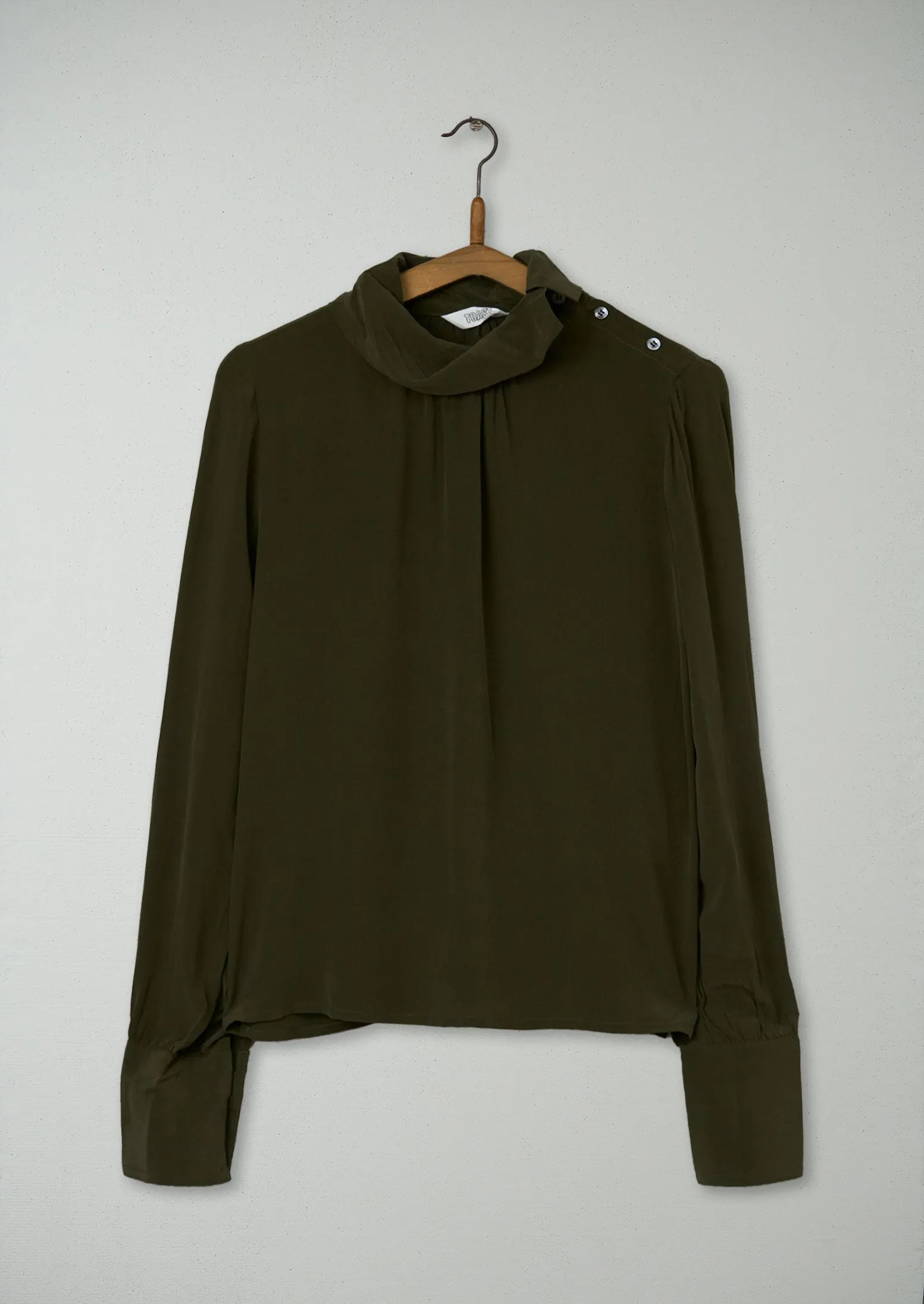 Reworn Silk Button Shoulder Top Size 6 (518) | Olive sold by TOAST