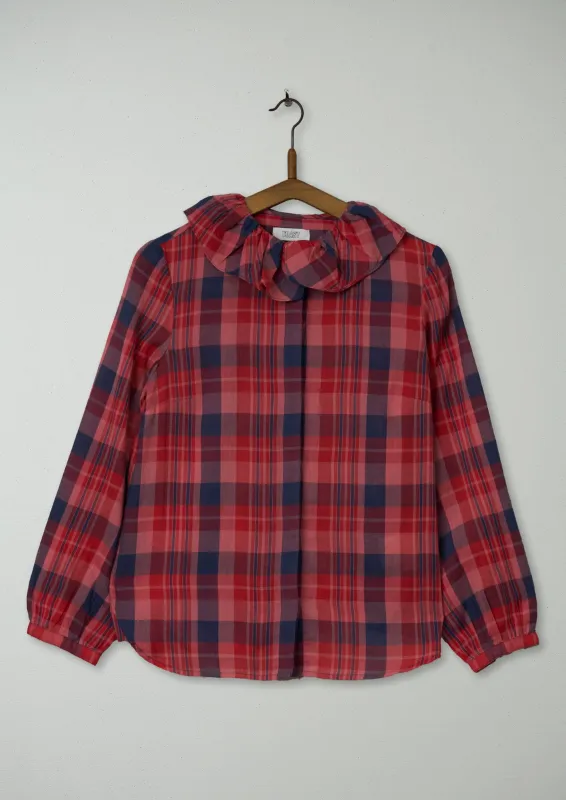 Reworn Ruffle Neck Cotton Shirt Size 8 (576) | Raspberry sold by TOAST