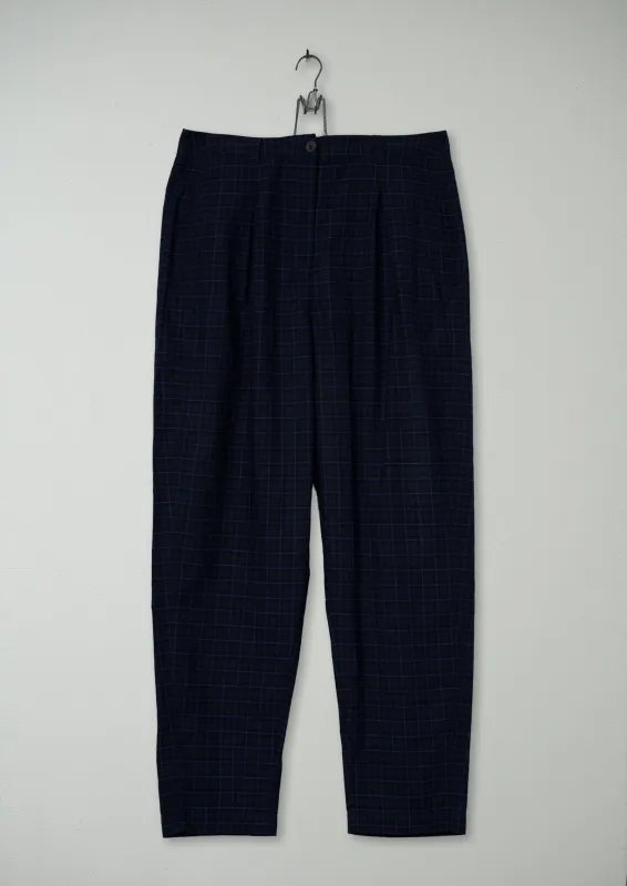 Reworn Check Cotton Linen Trousers Size 12 (679) | Navy sold by TOAST