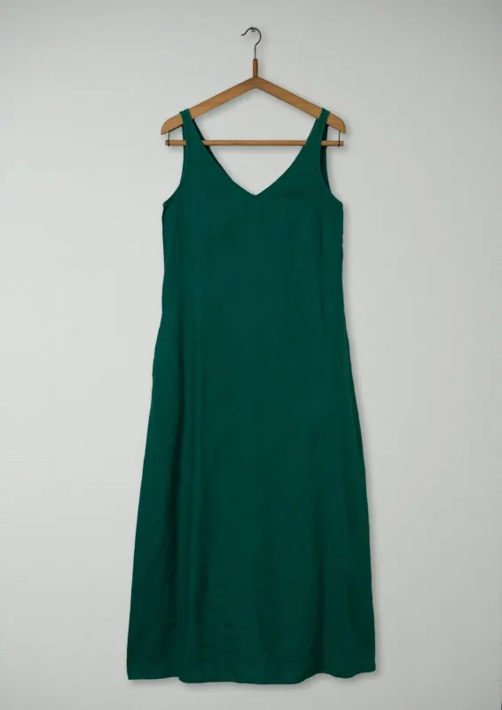Reworn V Neck Linen Dress Size 10 (1103) | Green sold by TOAST