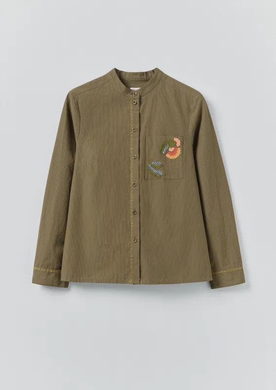 Embroidered Mini Stripe Cotton Shirt | Olive sold by TOAST