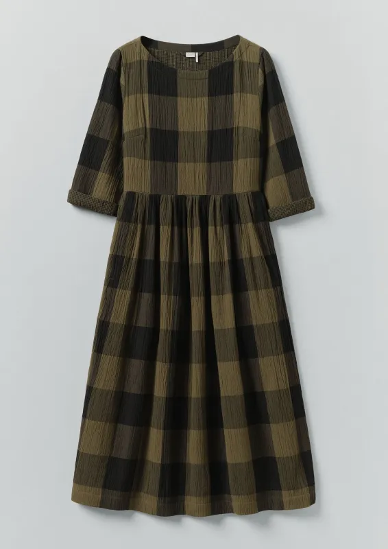 Freya Crinkle Cotton Macro Gingham Dress | Olive/Black sold by TOAST