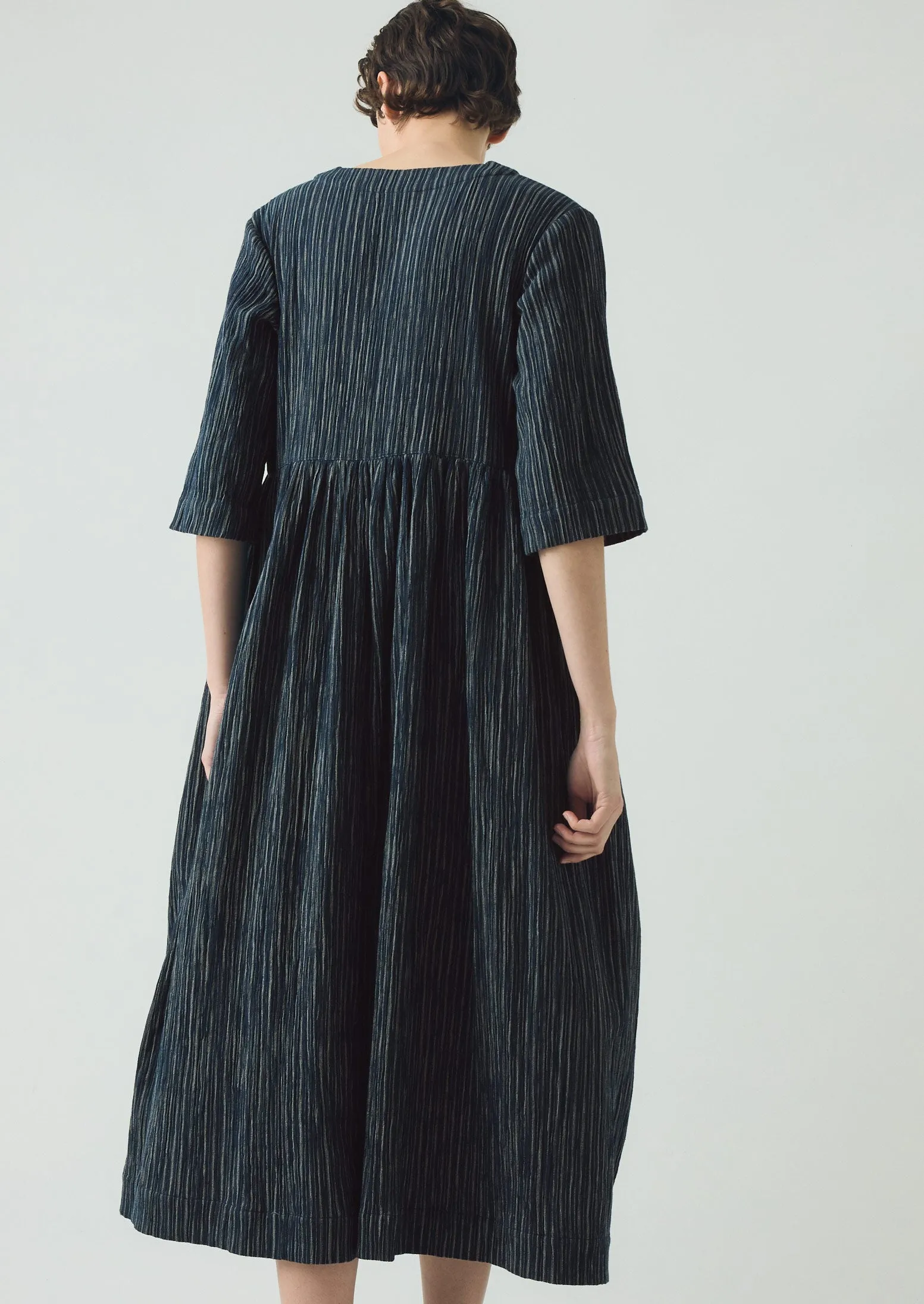 Stripe Crinkled Cotton V Neck Dress | Midnight Blue sold by TOAST product image thumbnail 5