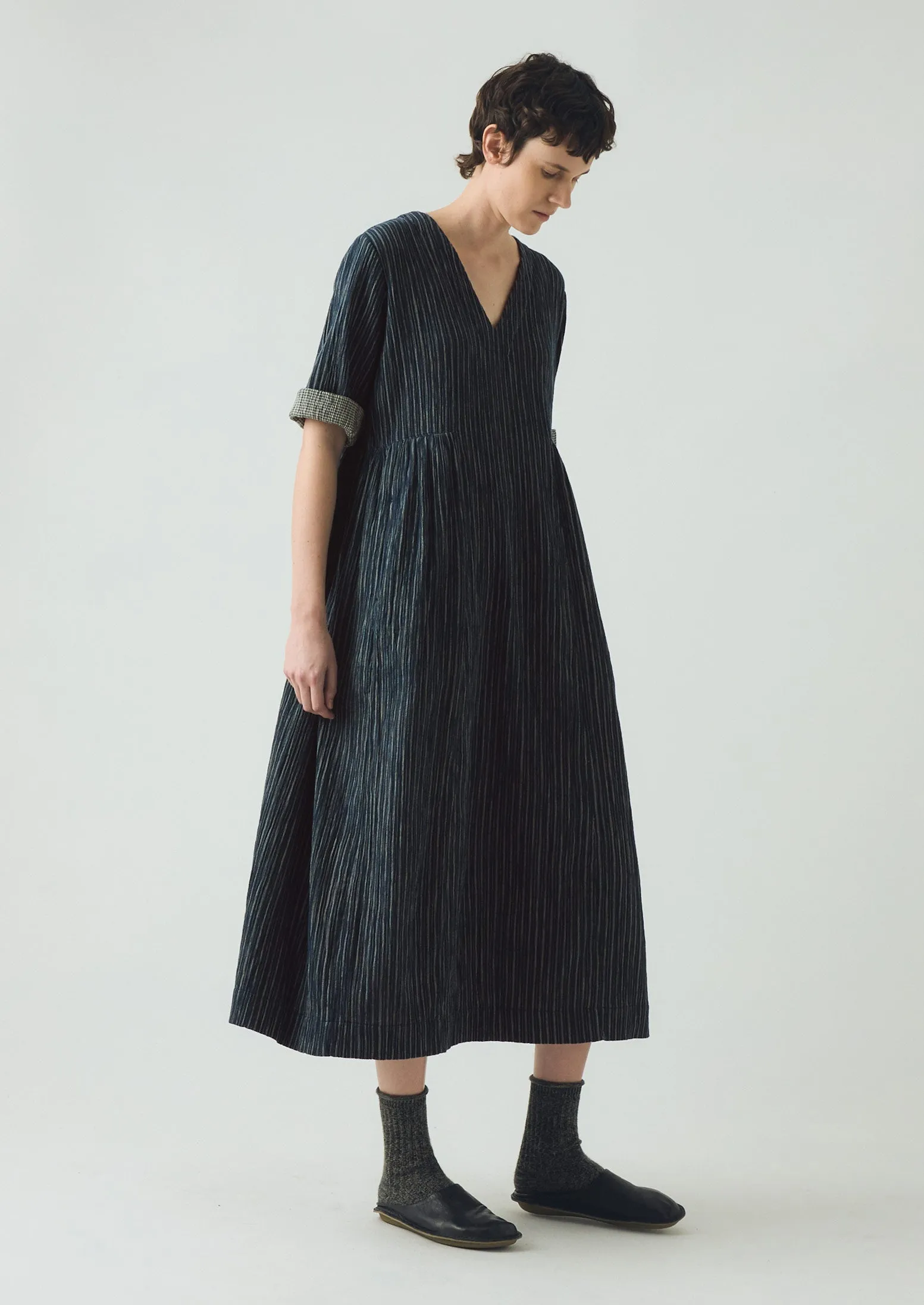 Stripe Crinkled Cotton V Neck Dress | Midnight Blue sold by TOAST product image thumbnail 2