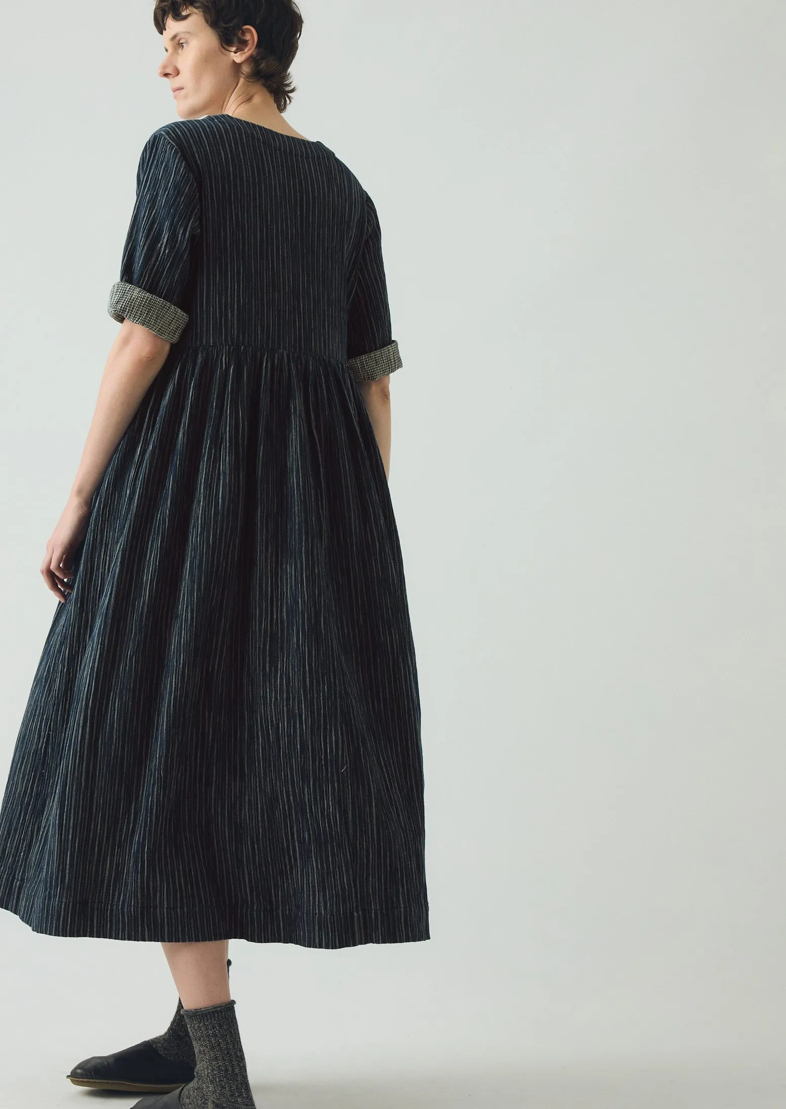 Stripe Crinkled Cotton V Neck Dress | Midnight Blue sold by TOAST product image thumbnail 3