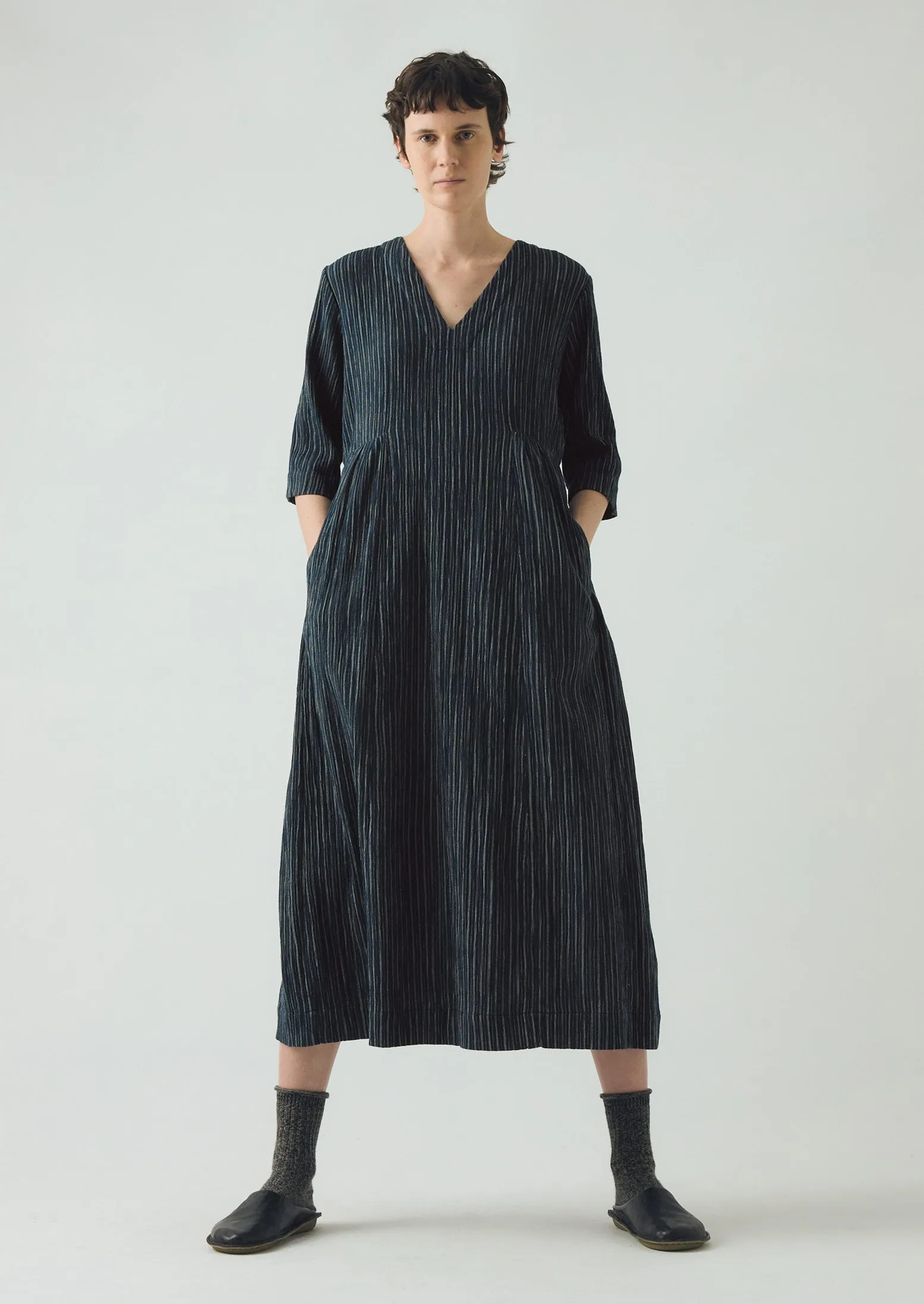 Stripe Crinkled Cotton V Neck Dress | Midnight Blue sold by TOAST product image thumbnail 4