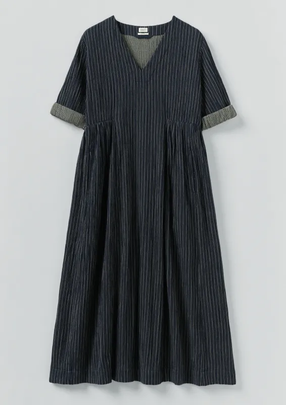 Stripe Crinkled Cotton V Neck Dress | Midnight Blue sold by TOAST
