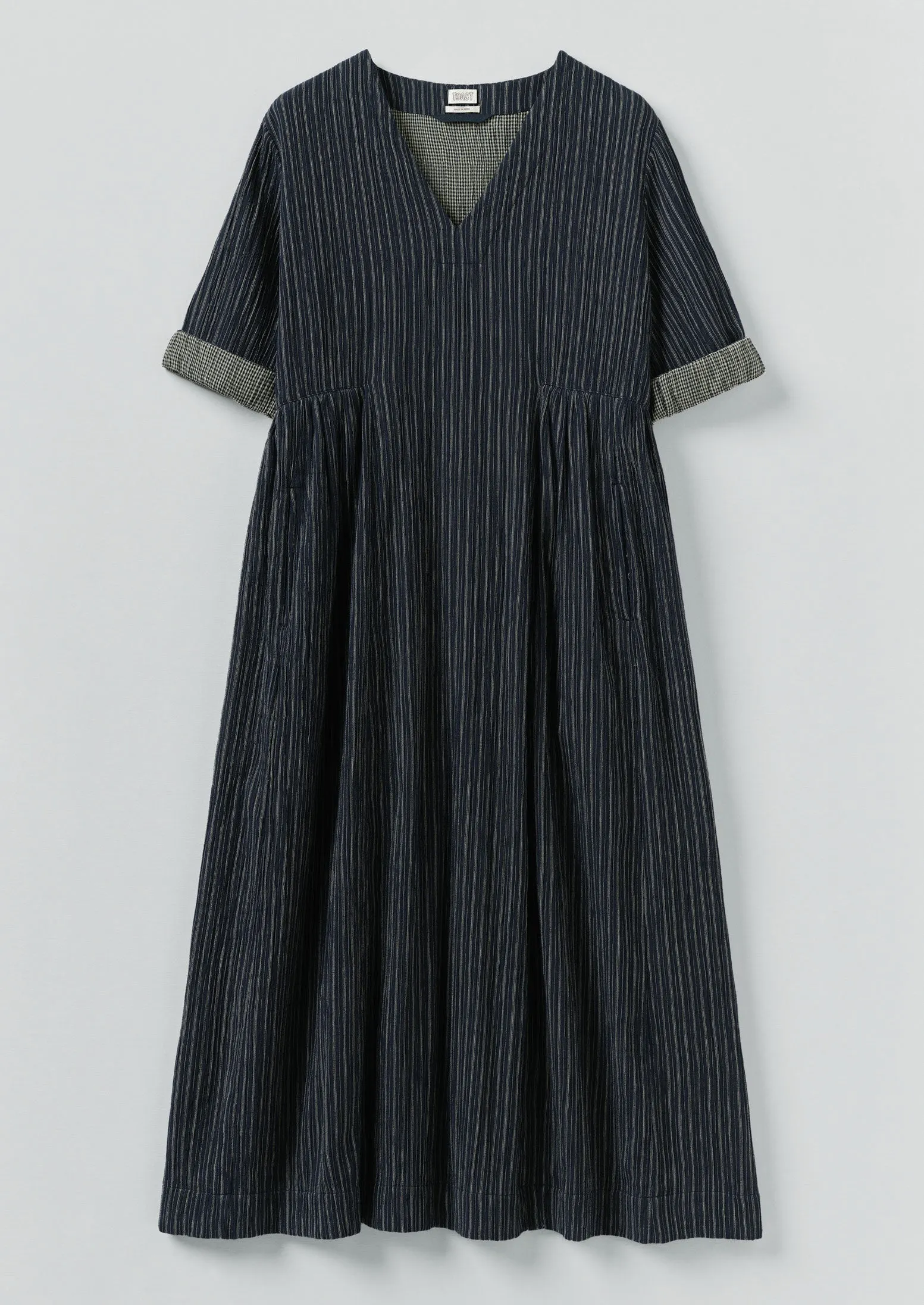 Stripe Crinkled Cotton V Neck Dress | Midnight Blue sold by TOAST
