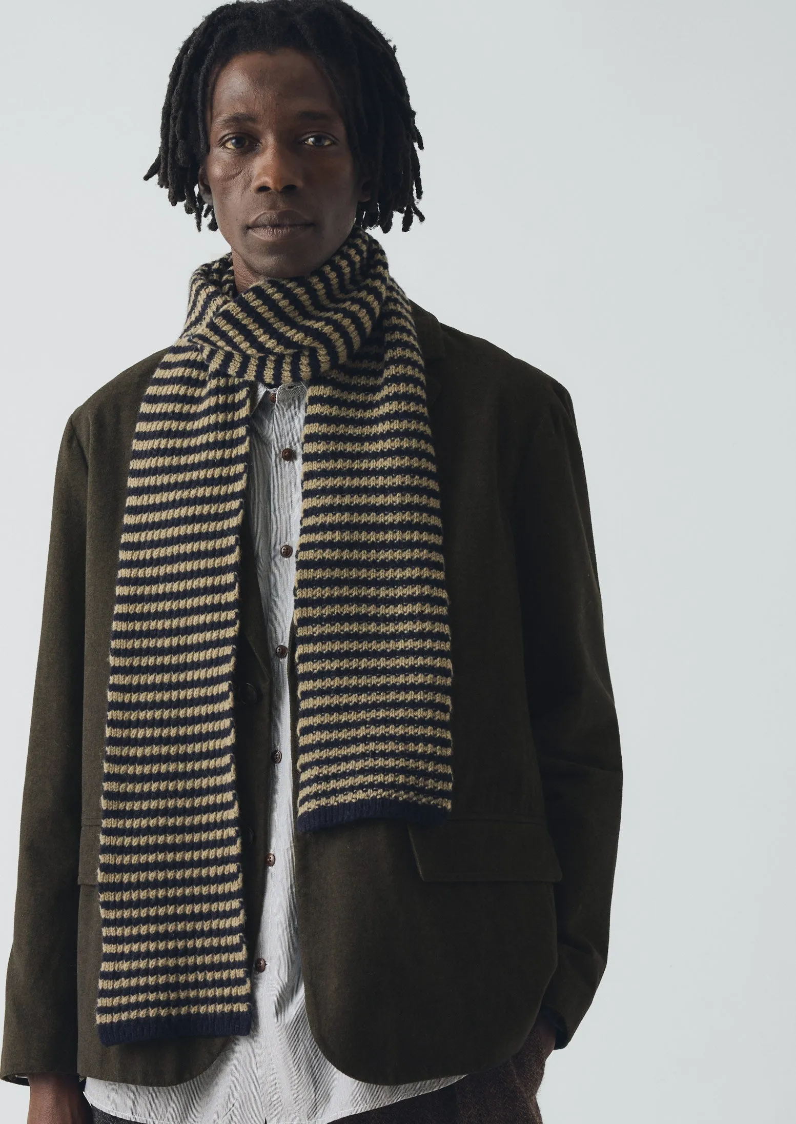 Micro Cable Striped Wool Scarf | Navy/Putty sold by TOAST product image thumbnail 4