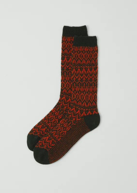 Diamond Jacquard Wool Socks | Dark Green/Blood Orange sold by TOAST