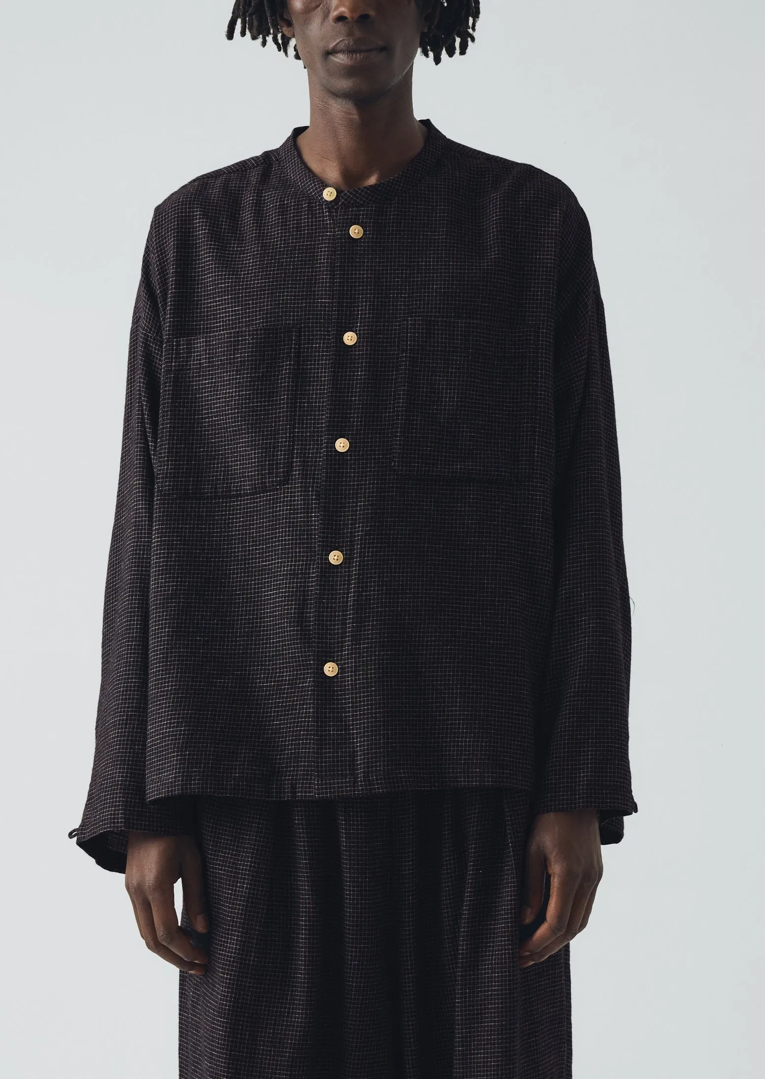 Cotton Cashmere Check Grandad Shirt | Black/Ecru sold by TOAST product image thumbnail 2