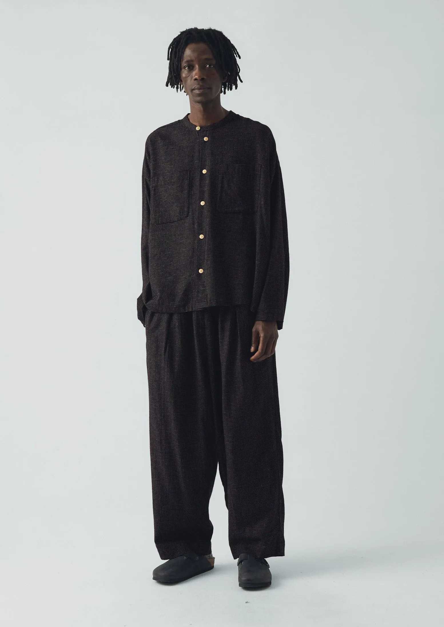 Cotton Cashmere Check Grandad Shirt | Black/Ecru sold by TOAST product image thumbnail 3