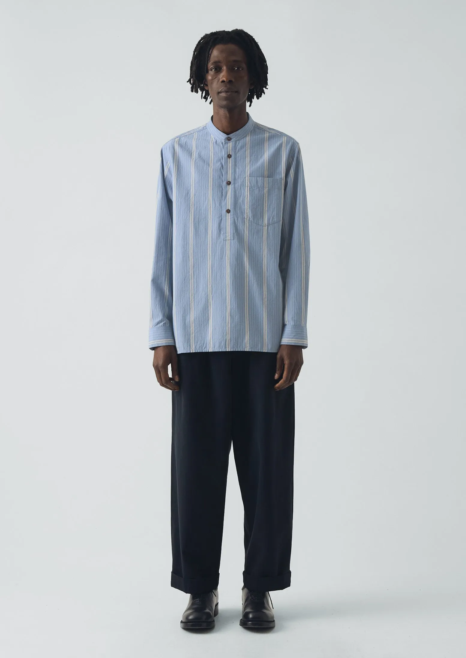 Wide Stripe Popover Grandad Shirt | Chambray Blue sold by TOAST product image thumbnail 3