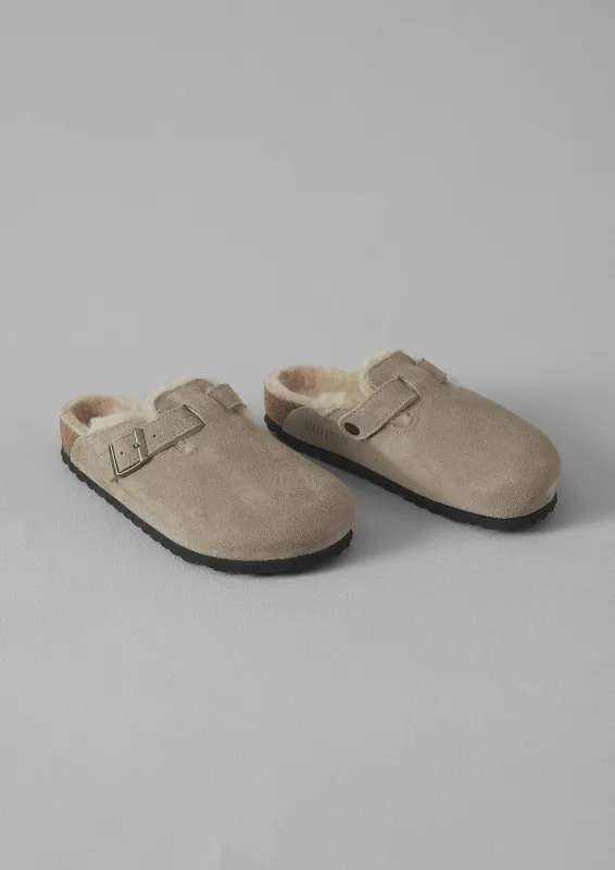 Birkenstock Boston Suede Shearling Clogs | Taupe sold by TOAST