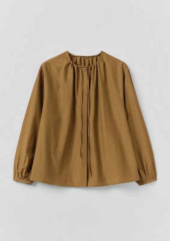 Gathered Neck Cotton Silk Shirt | Old Gold sold by TOAST