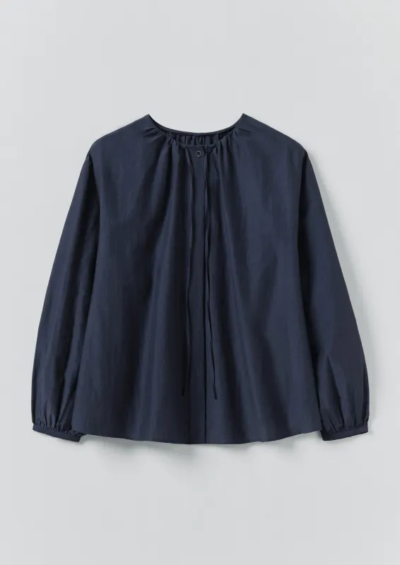 Gathered Neck Cotton Silk Shirt | Navy sold by TOAST