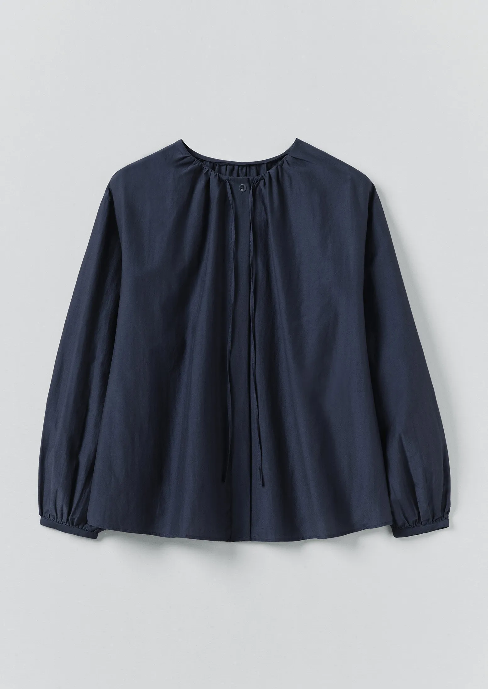 Gathered Neck Cotton Silk Shirt | Navy sold by TOAST