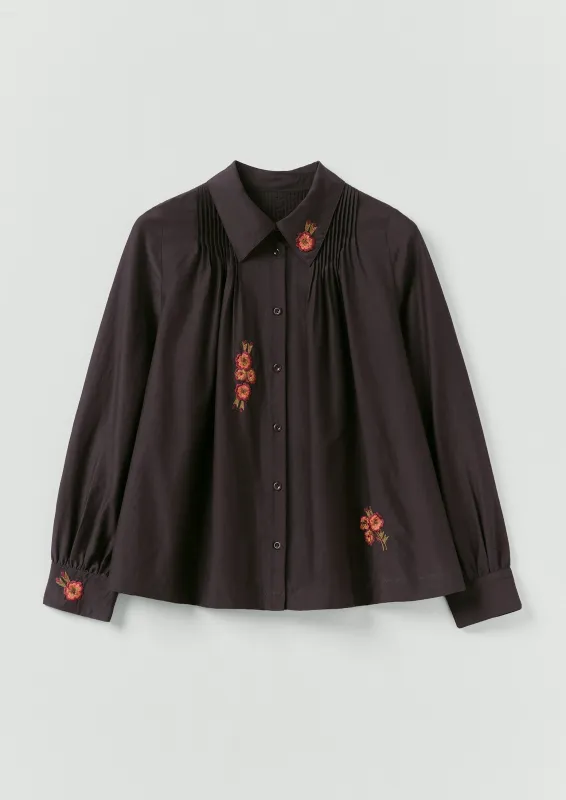 Vespertine Floral Embroidered Cotton Silk Shirt | Black Walnut sold by TOAST