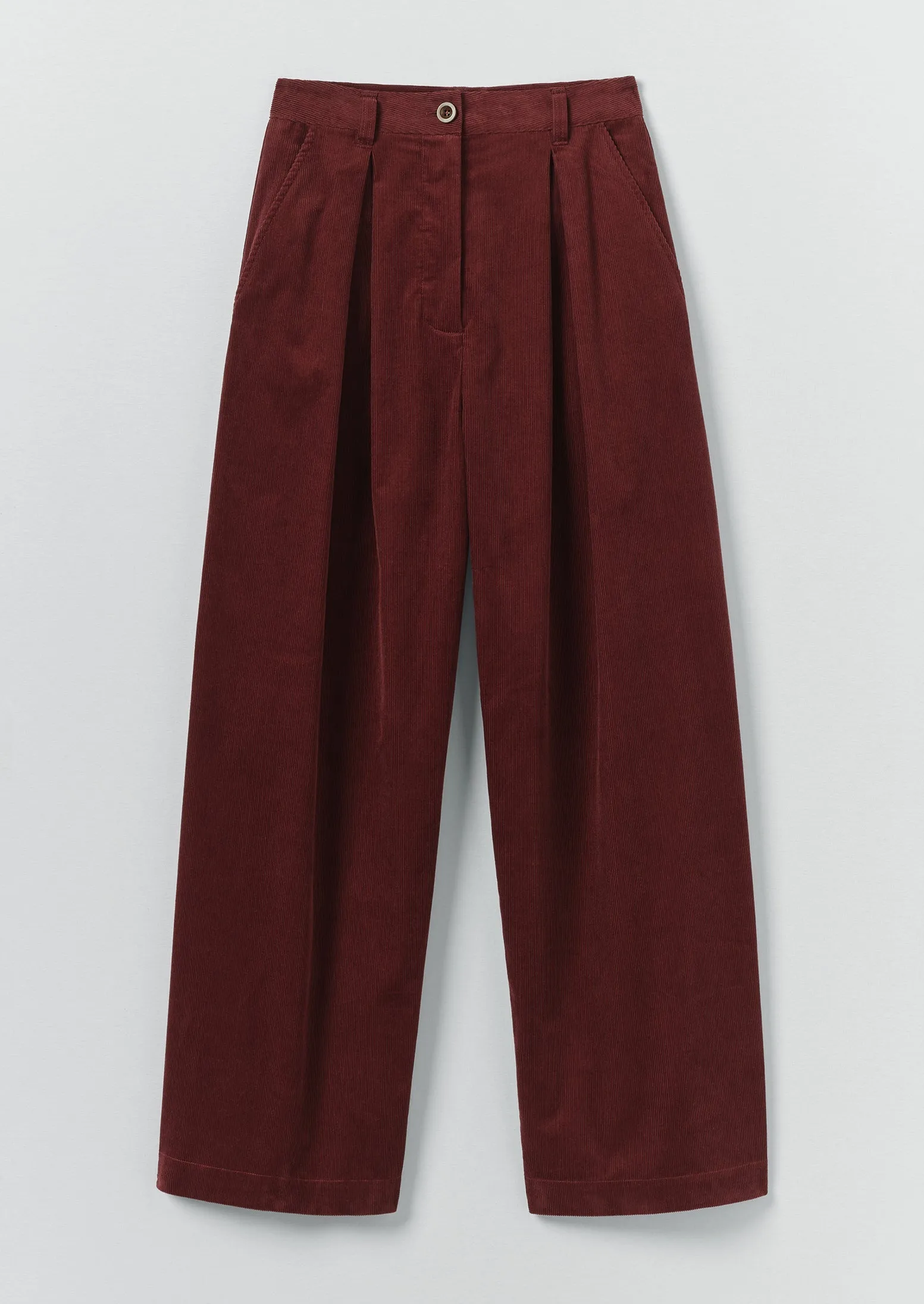 Organic Cord Box Pleat Trousers | Beetroot sold by TOAST